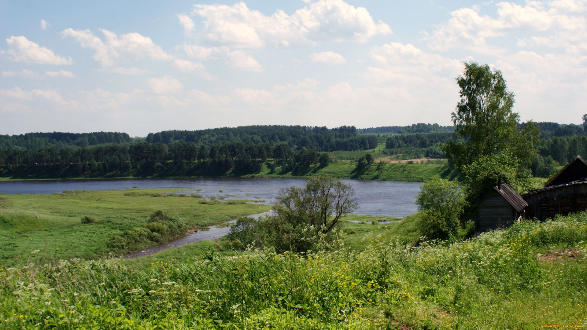 природа, реки, озера, река, облака, небо, избы, траа, деревья