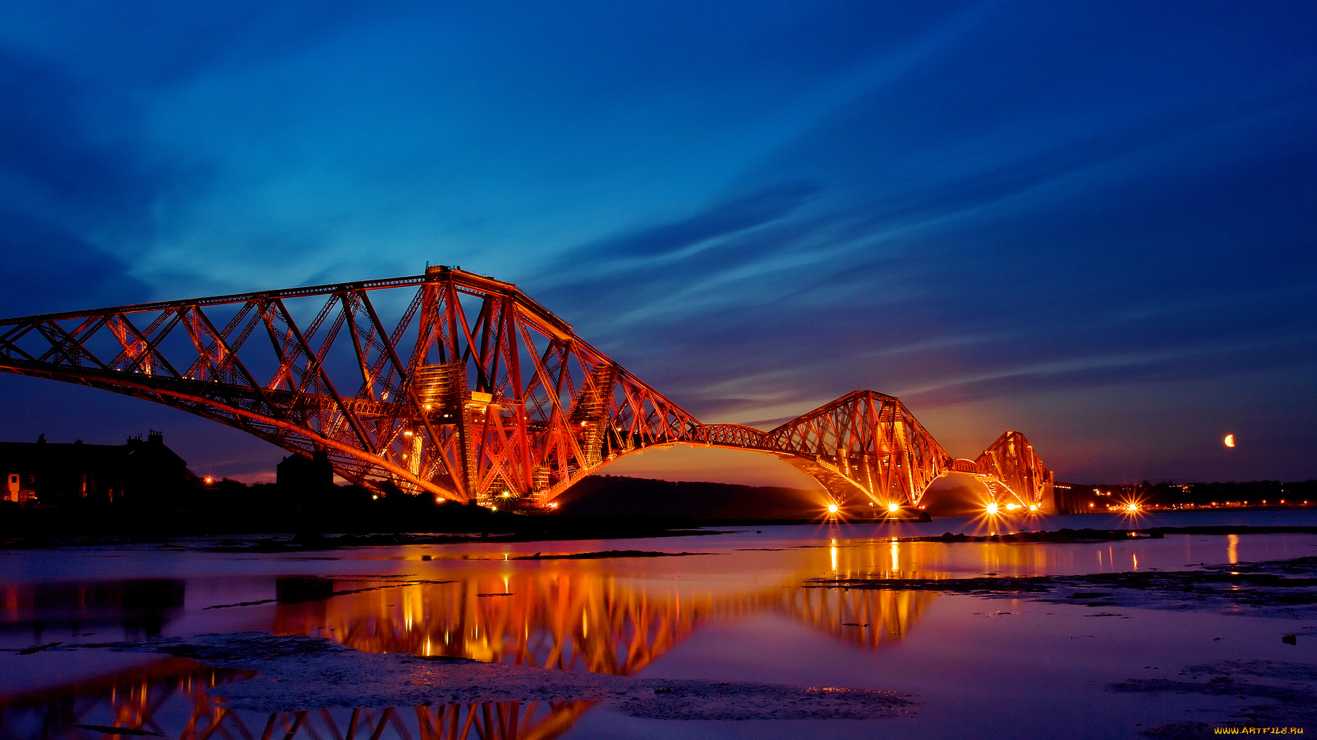 города, мосты, вечер, огни, река, шотландия, scotland, конструкция