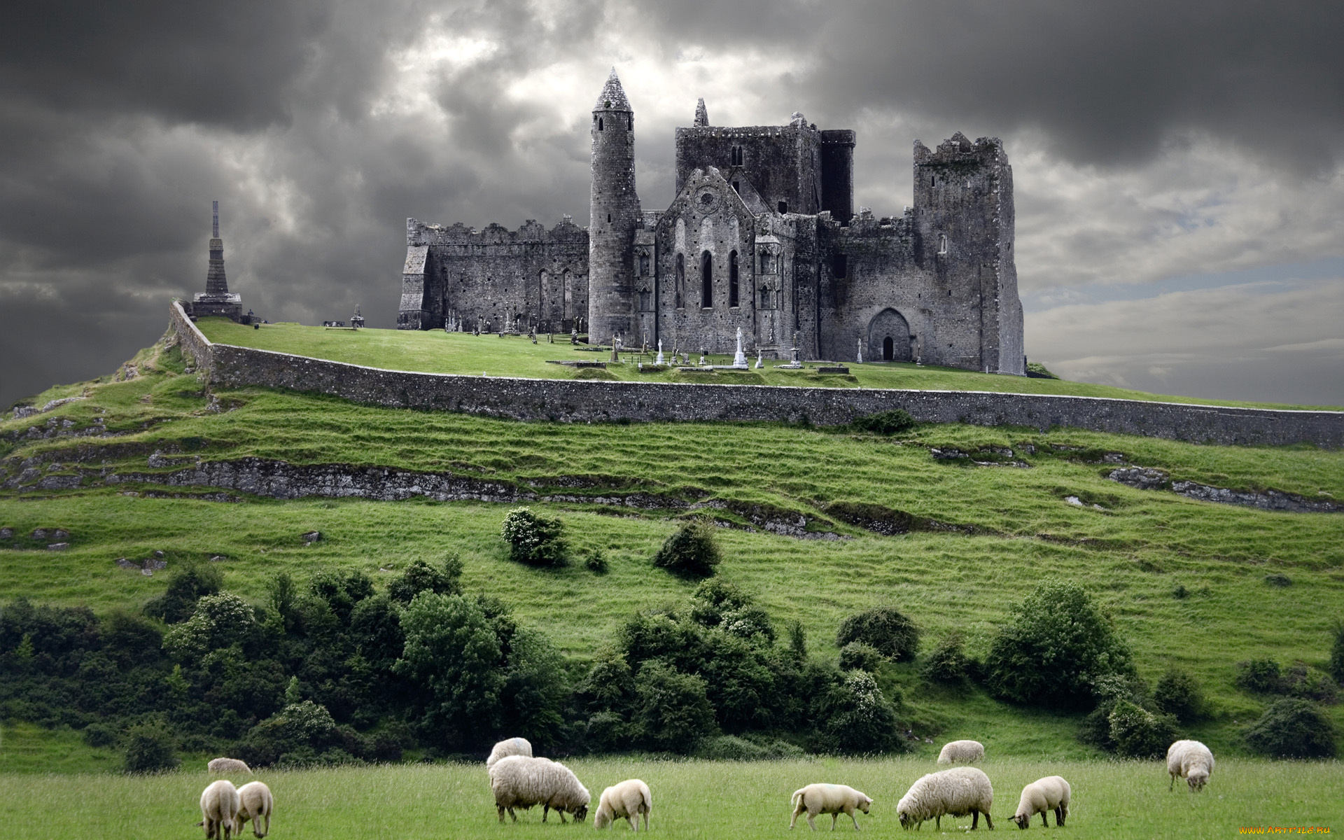 ireland, города, дворцы, замки, крепости, ирландия, холм, овцы, тучи, замок