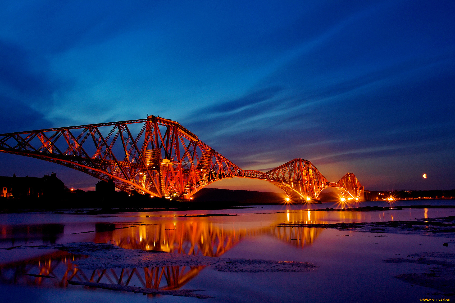 города, мосты, вечер, огни, река, шотландия, scotland, конструкция