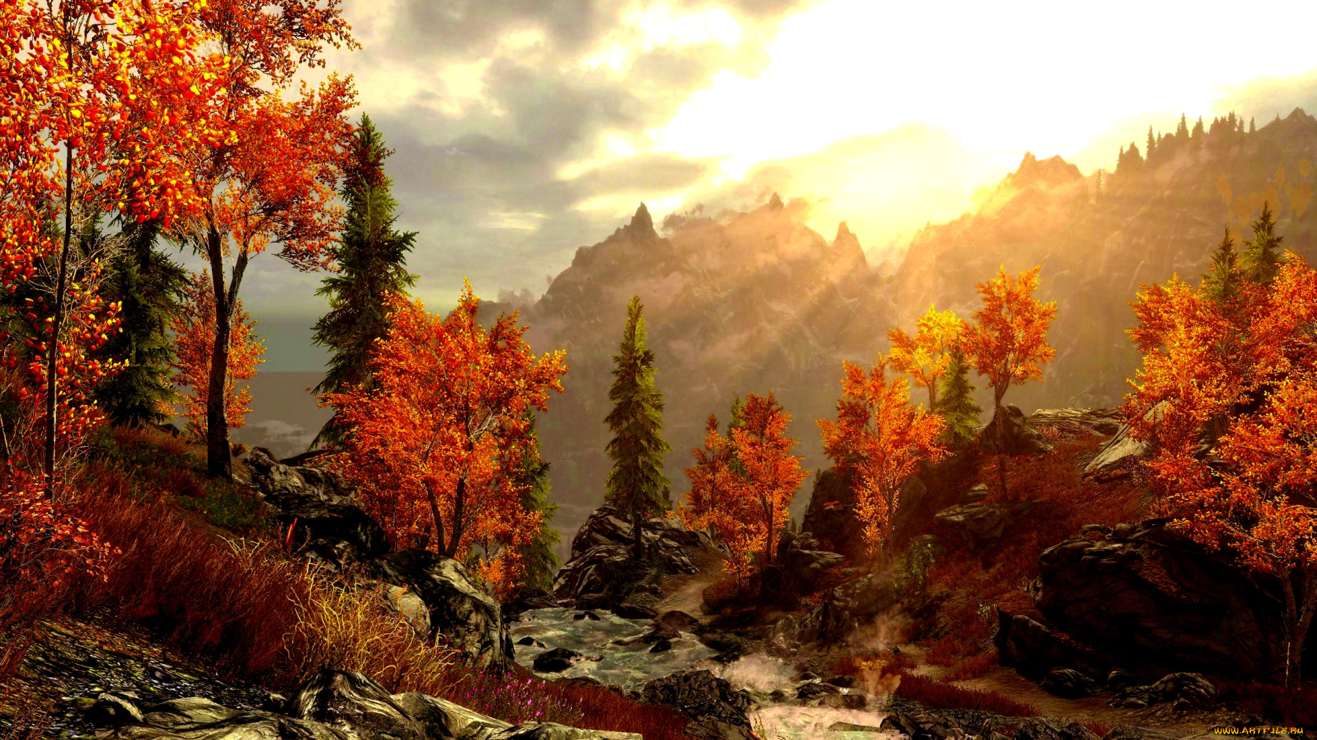 рисованные, природа, осень, горы, лес, речка, краски