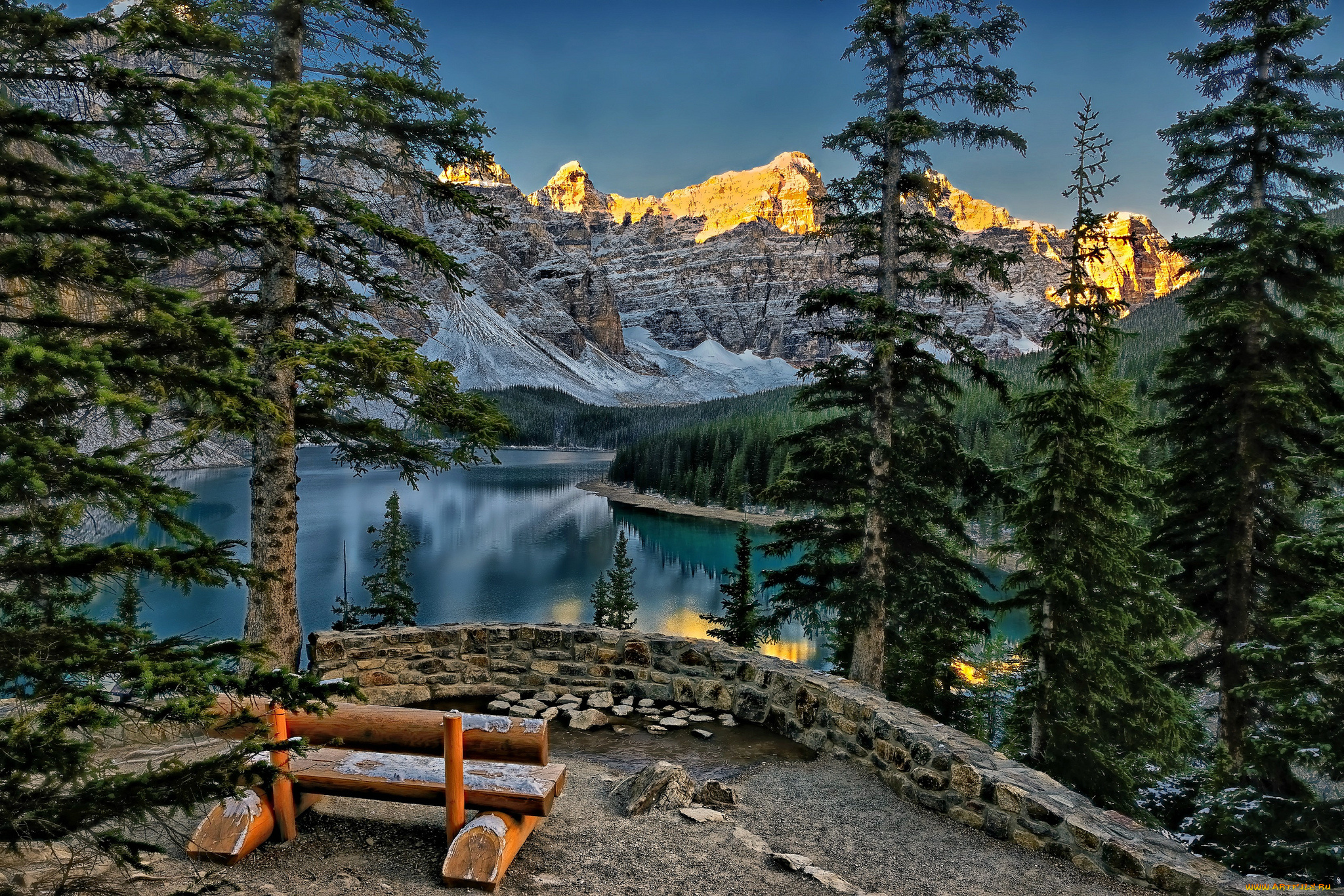 moraine, lake, banff, national, park, canada, природа, реки, озера, озеро, морейн, канада, банф, горы, деревья, скамейка