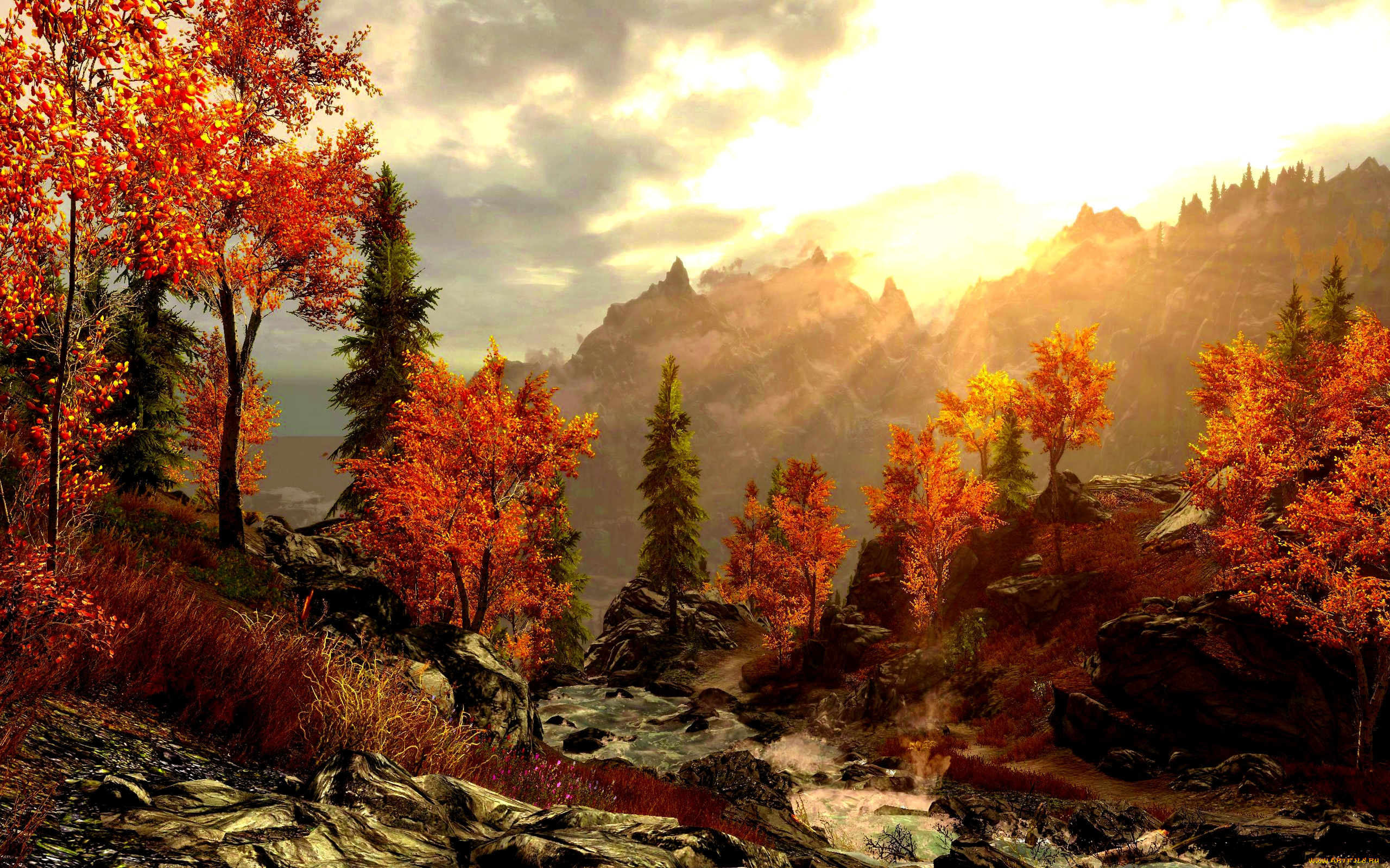 рисованные, природа, осень, горы, лес, речка, краски