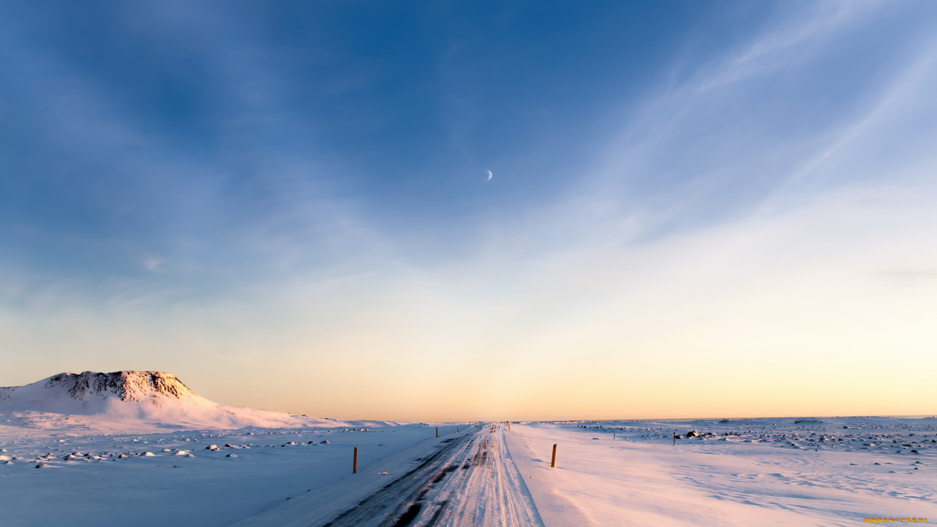 природа, дороги, исландия, луна, небо, утро, зима, дорога