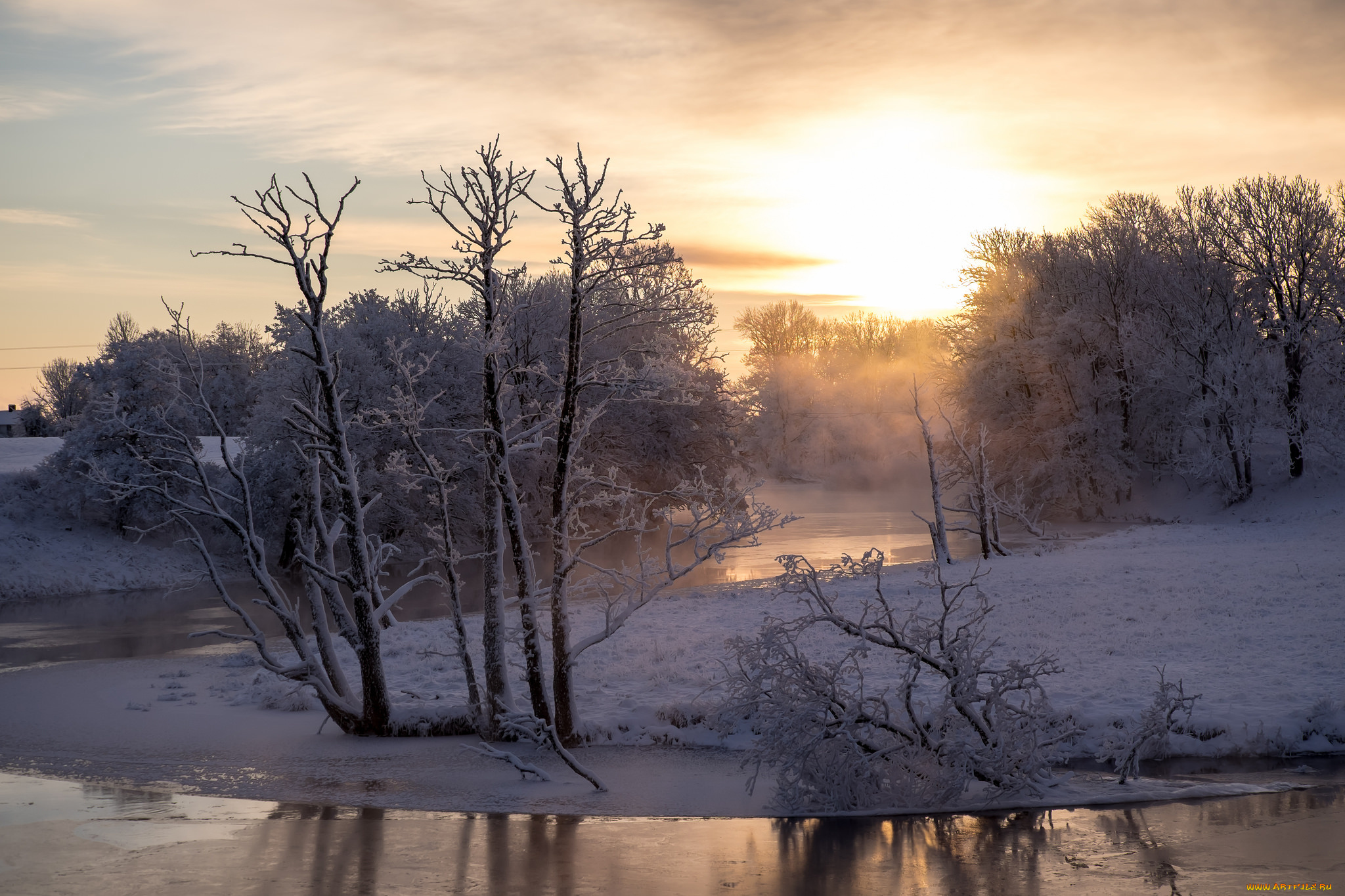 природа, зима, утро, река