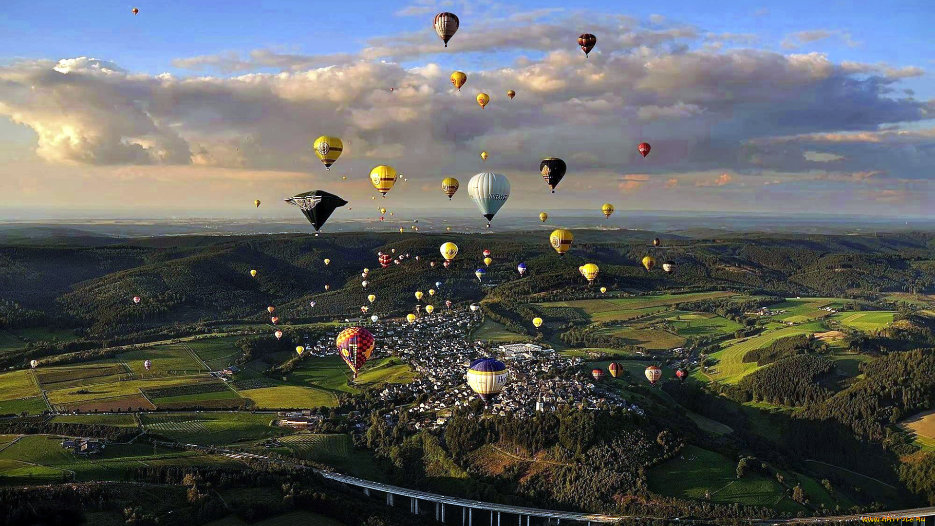 авиация, воздушные, шары, горы, поля, мост, шары, много, панорама