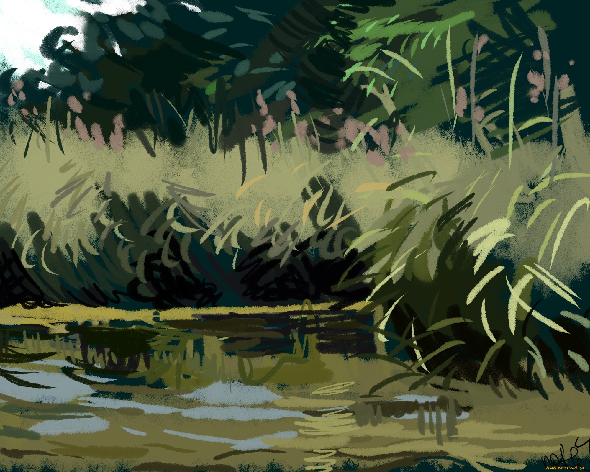 рисованное, природа, озеро, трава