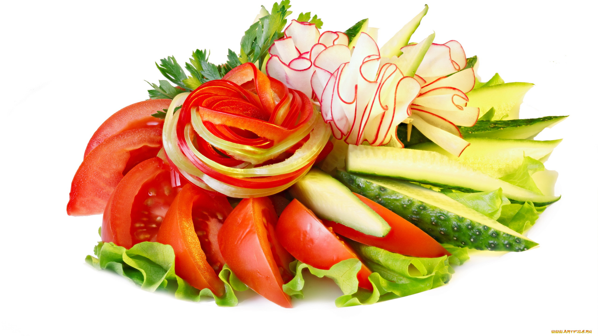 еда, овощи, зеленый, салат, помидоры, перец, редис, огурец