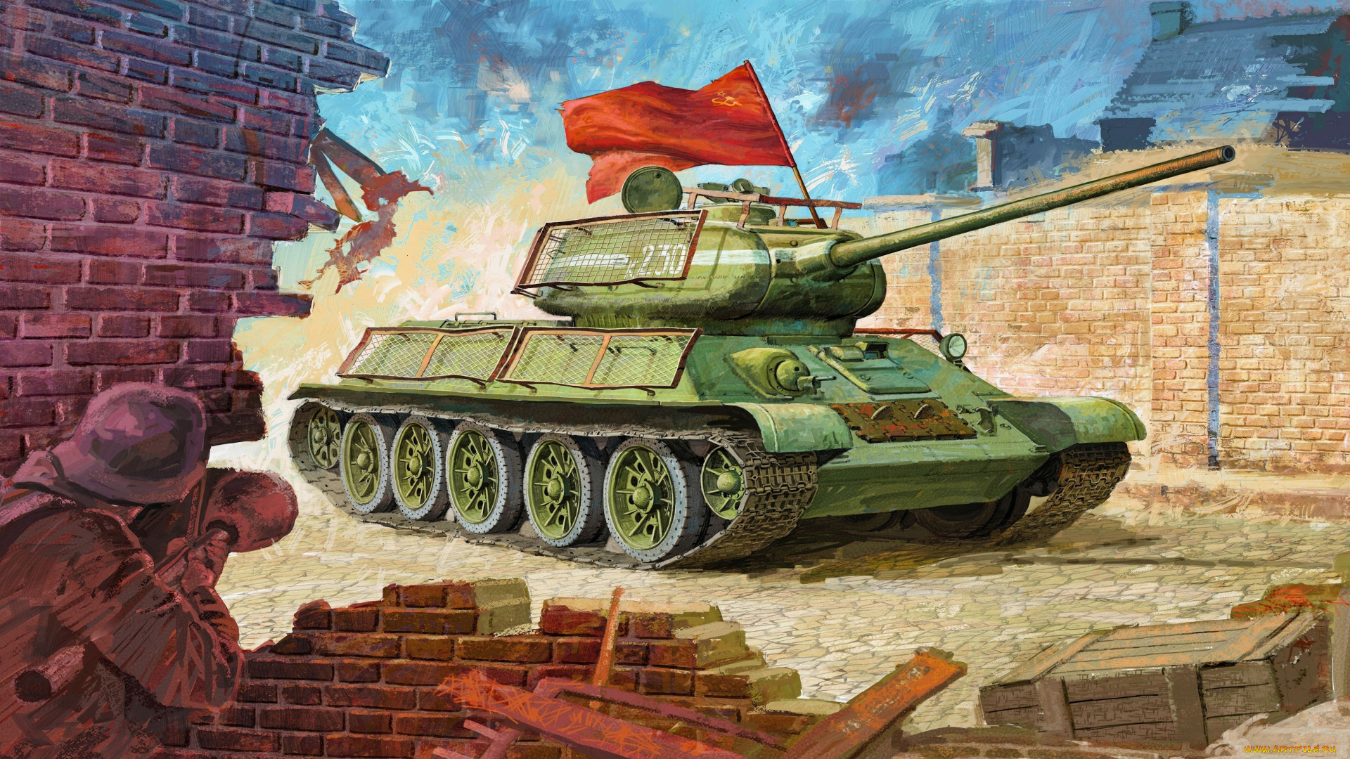 рисованные, армия, красное, знамя, танк