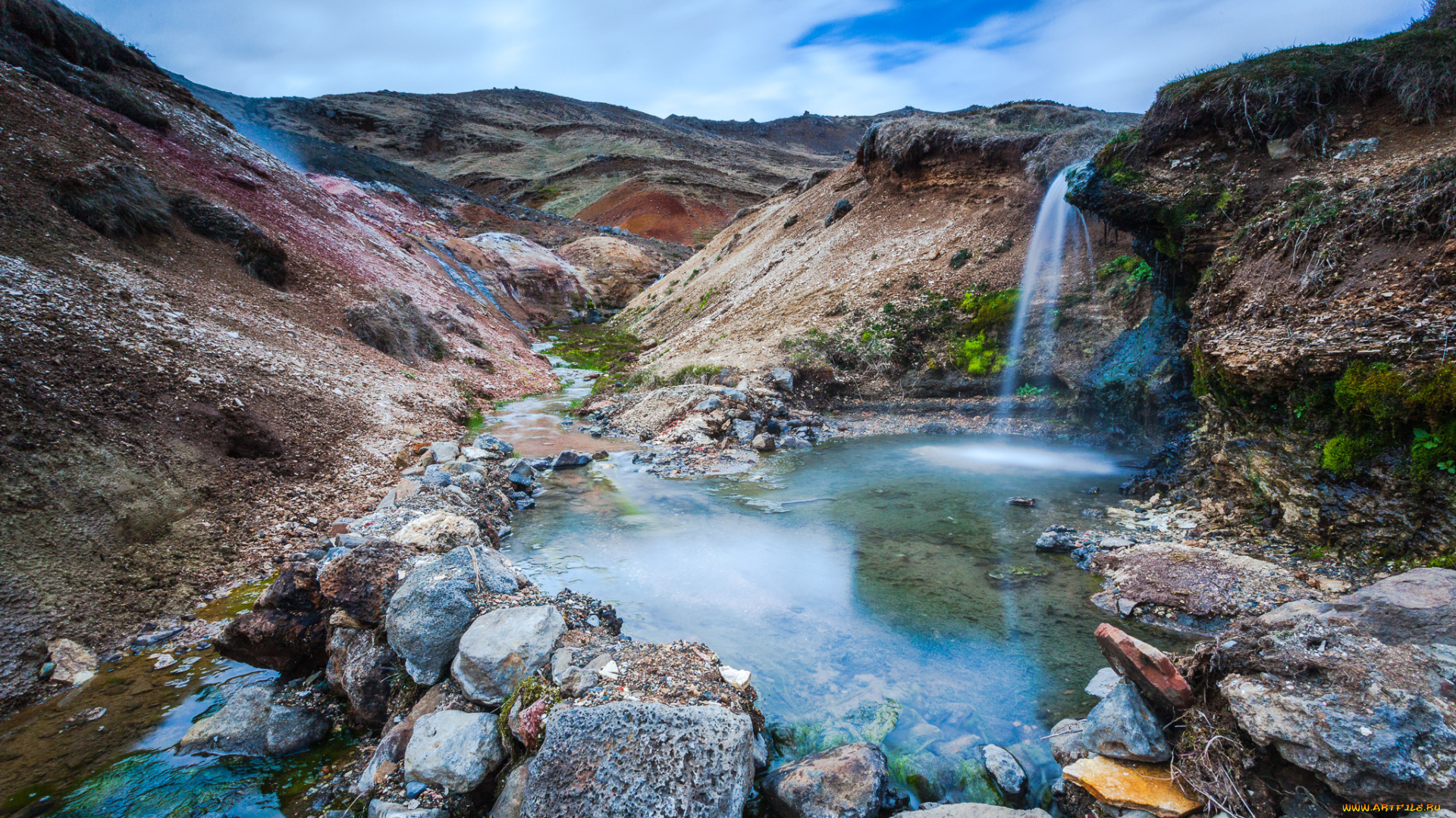 iceland, природа, водопады, холмы, речка, исландия, камни