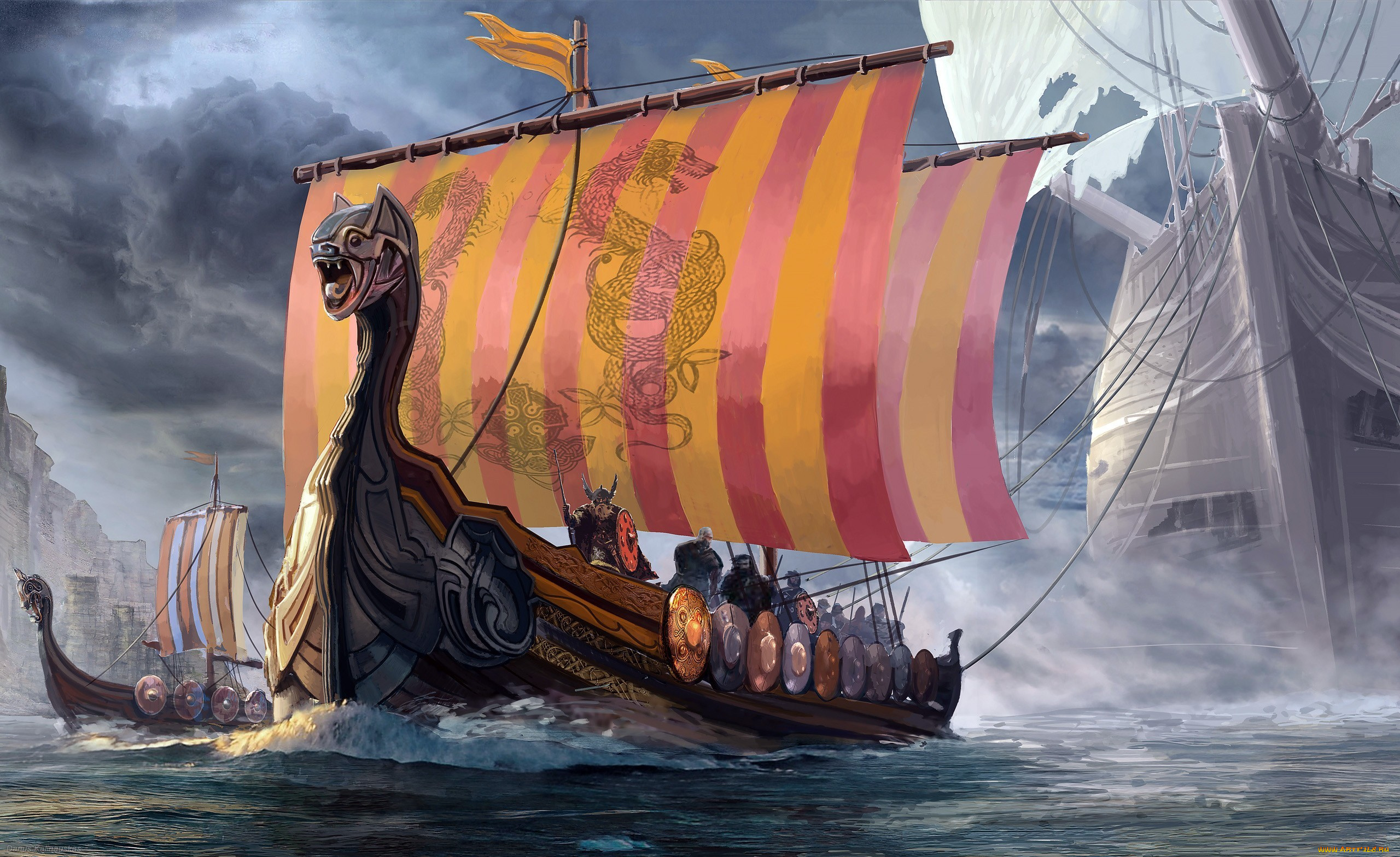 фэнтези, корабли, небо, волны, море, драккар, корабль-дракон, викинги, мореходы