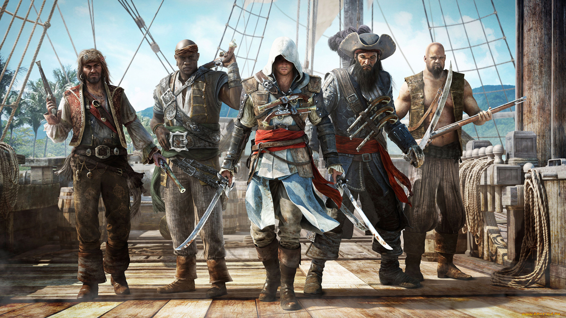 видео, игры, assassin`s, creed, пираты, люди, флибустьеры, команда, палуба, мачта, корабль
