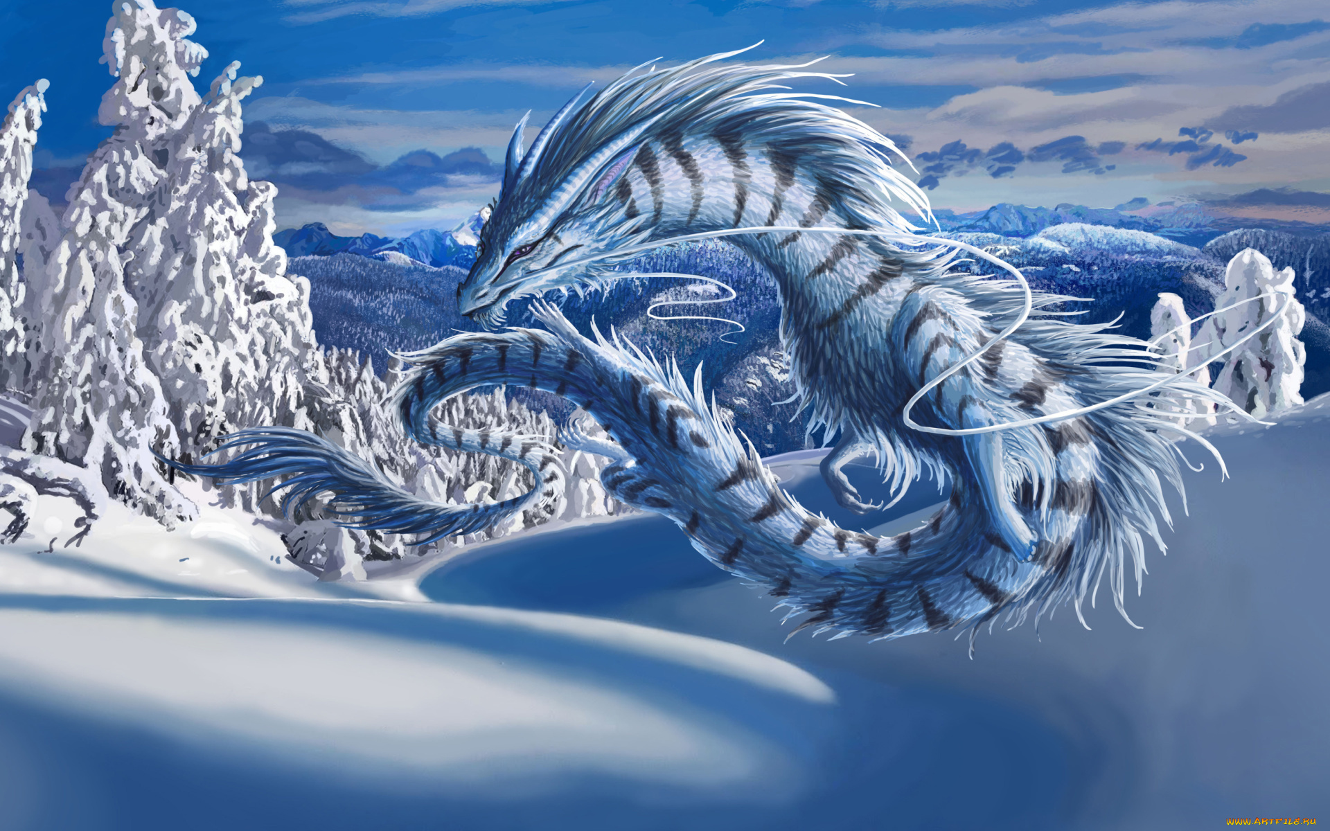 фэнтези, драконы, дракон, белый, снег, чудовище