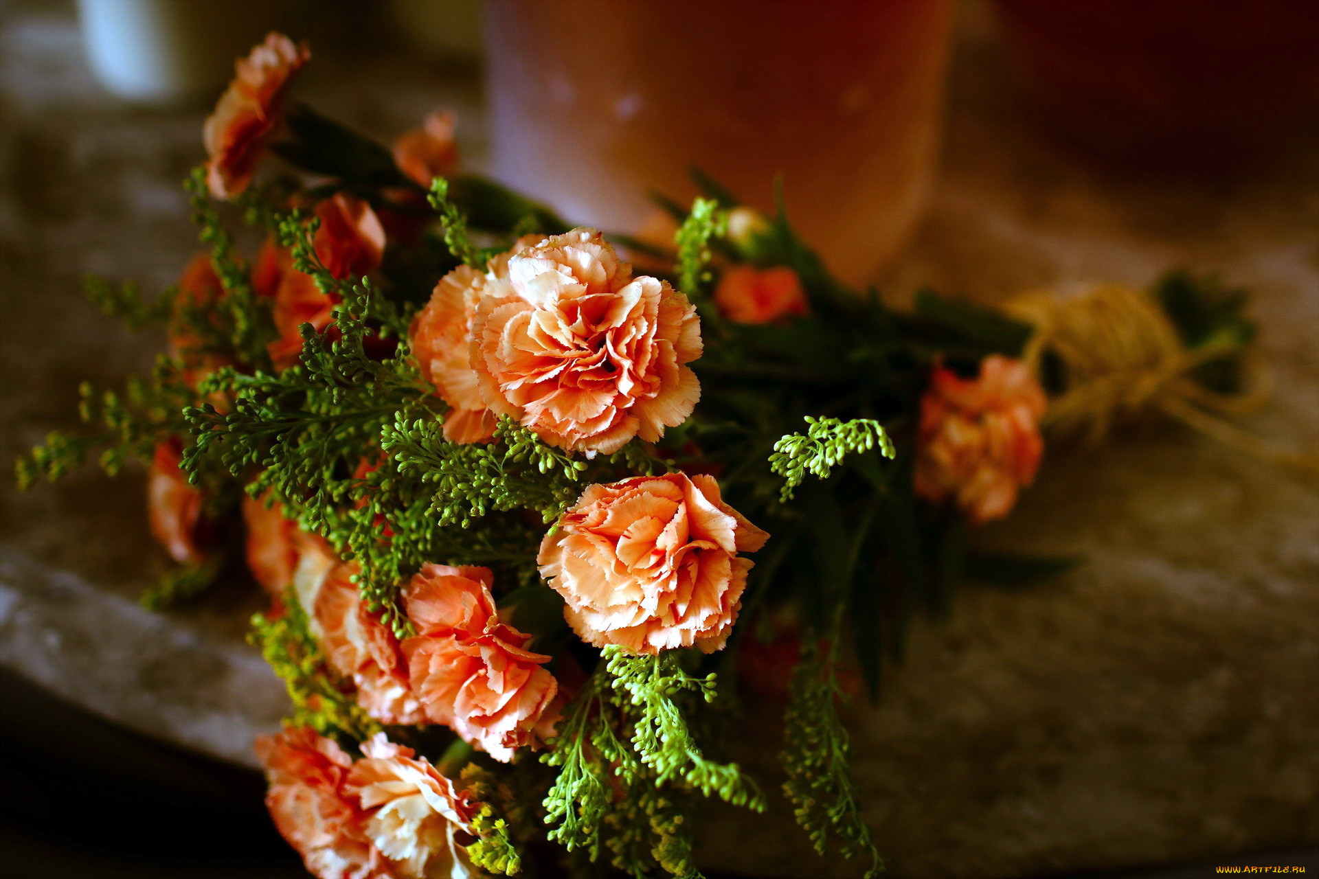 цветы, гвоздики, оранжевые, букетик