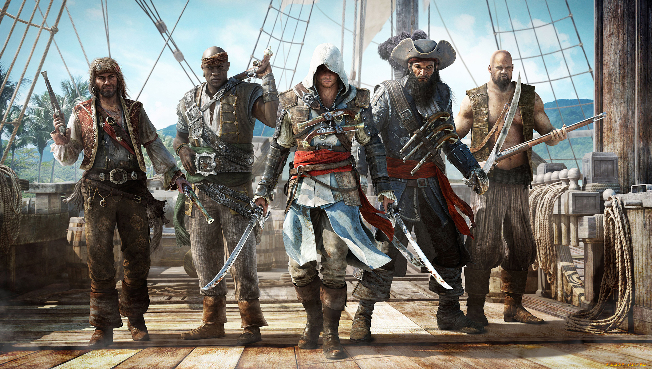 видео, игры, assassin`s, creed, пираты, люди, флибустьеры, команда, палуба, мачта, корабль
