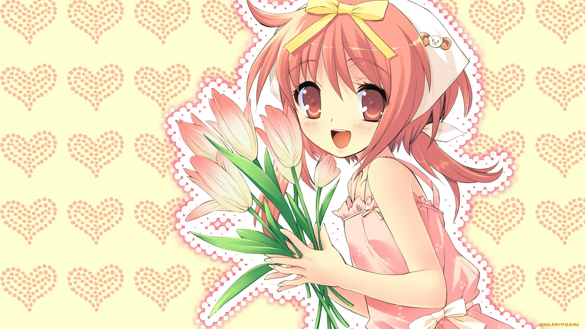 аниме, nanatsuiro, drops, тюльпаны, букет, цветы, девушка