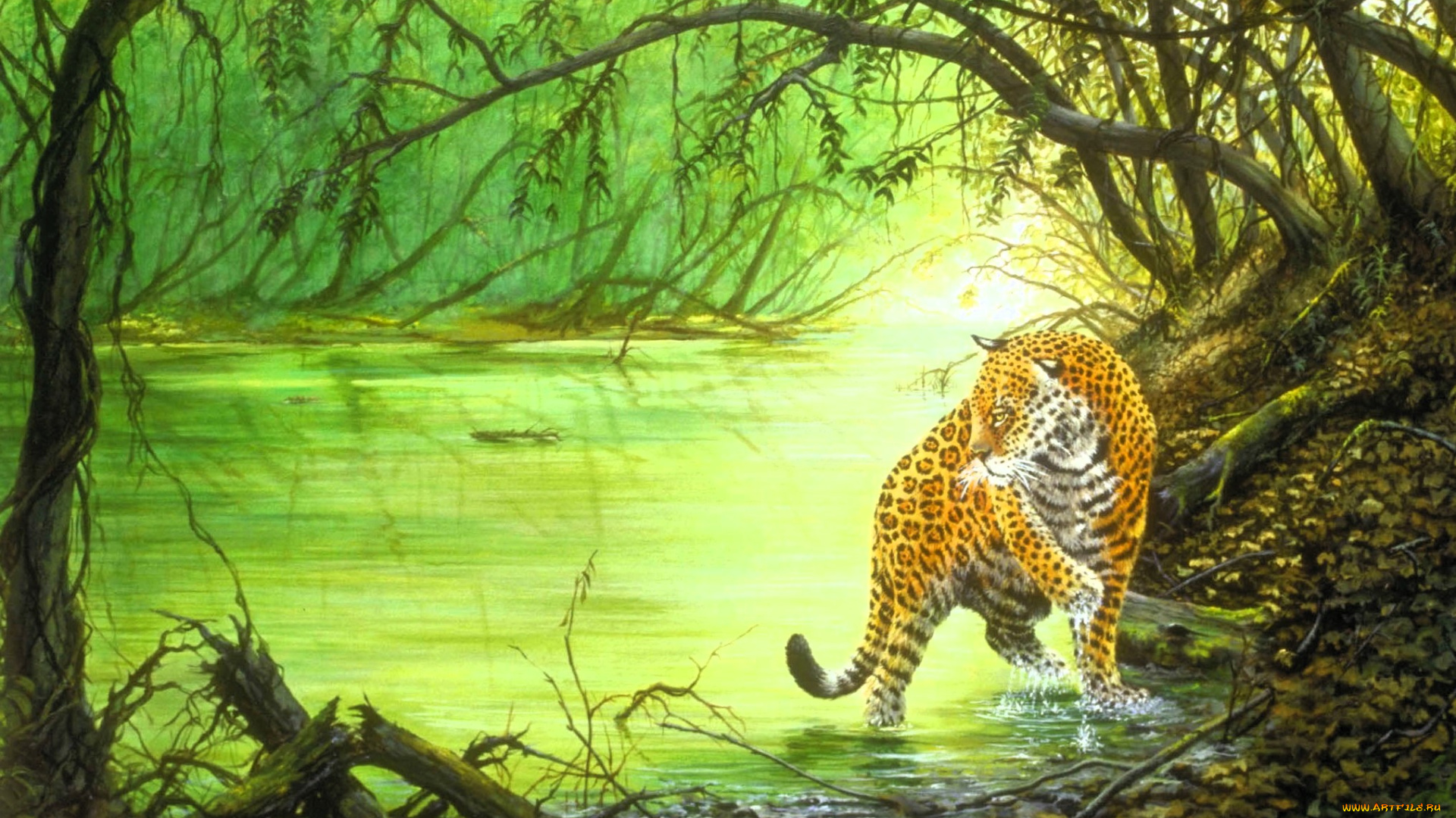 рисованное, животные, , ягуары, , леопарды, ягуар, лес, озеро