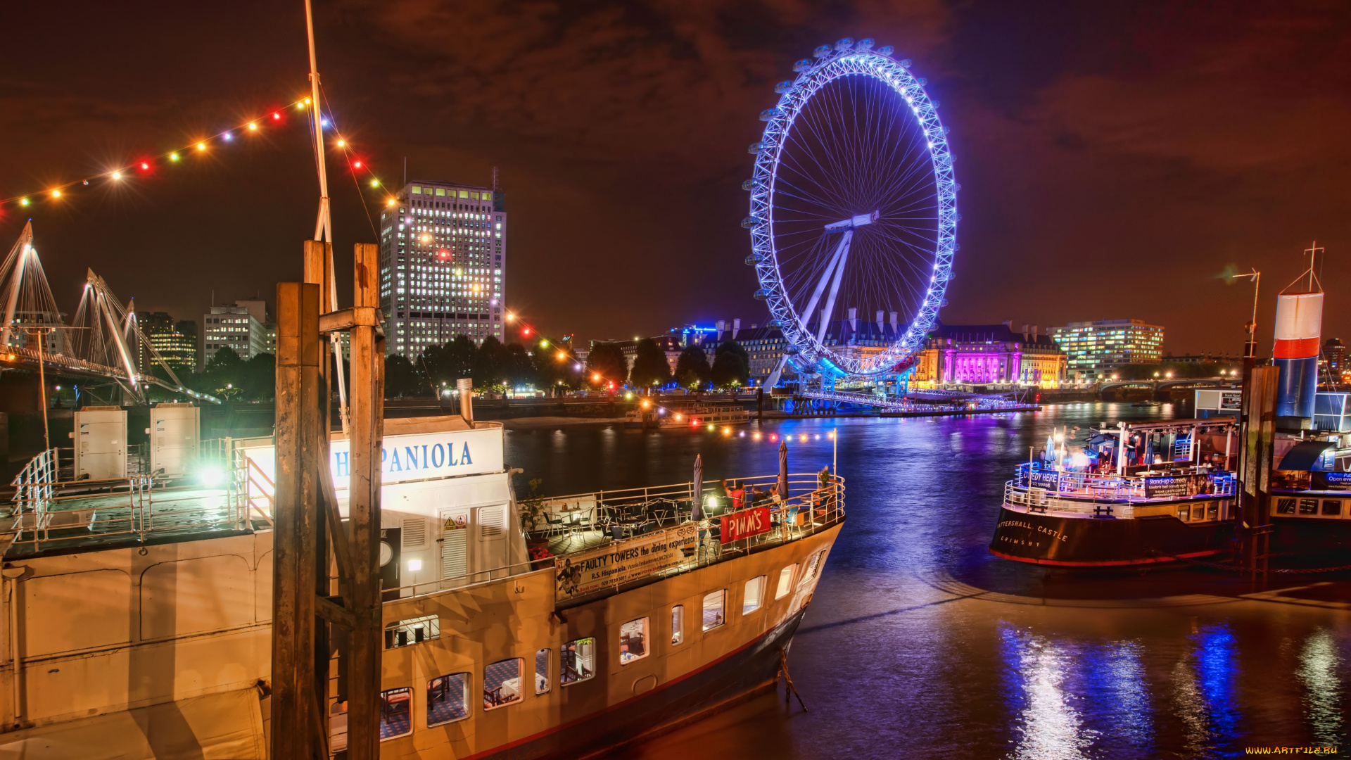 корабли, порты, причалы, london, england, лондон, аттракцион, огни, иллюминация, вечер