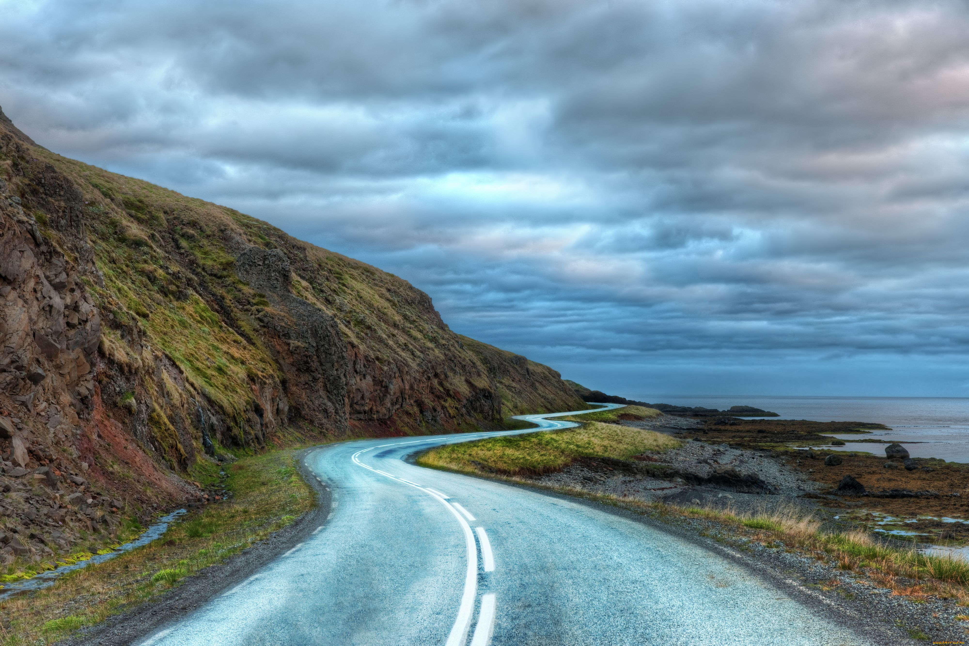 природа, дороги, iceland, исландия, дорога, побережье, облака