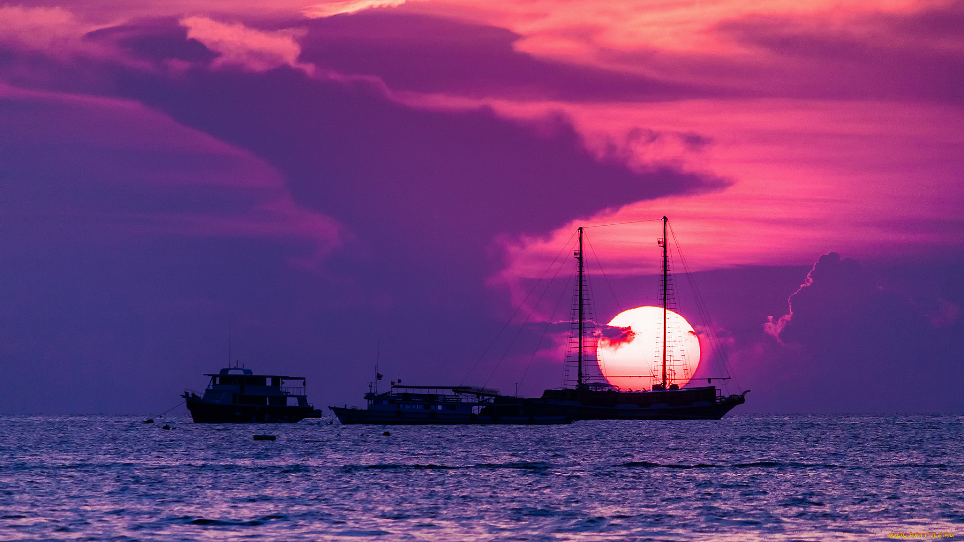 таиланд, корабли, разные, вместе, солнце, закат, сиамский, залив