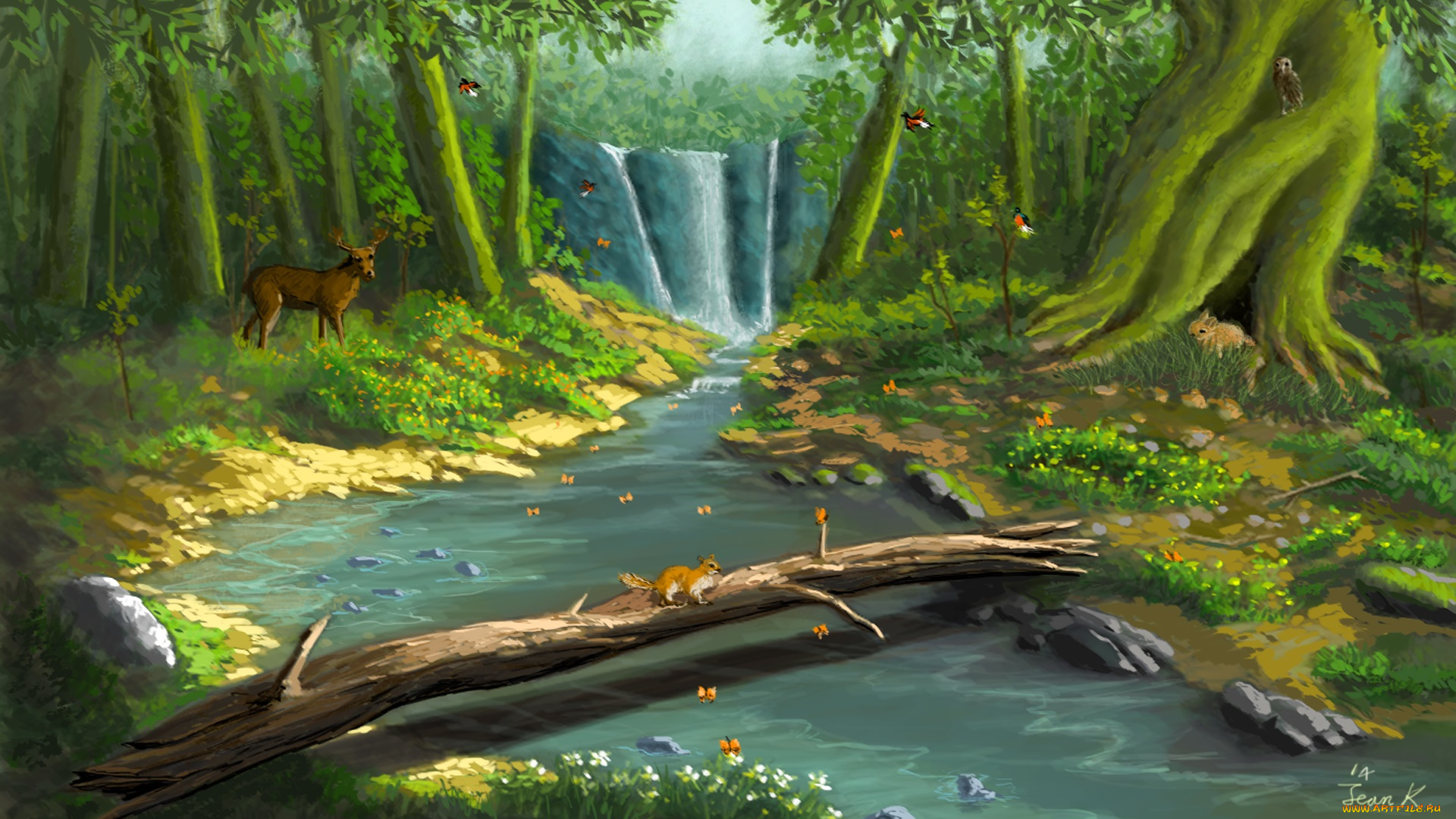 рисованные, живопись, животные, река, лес