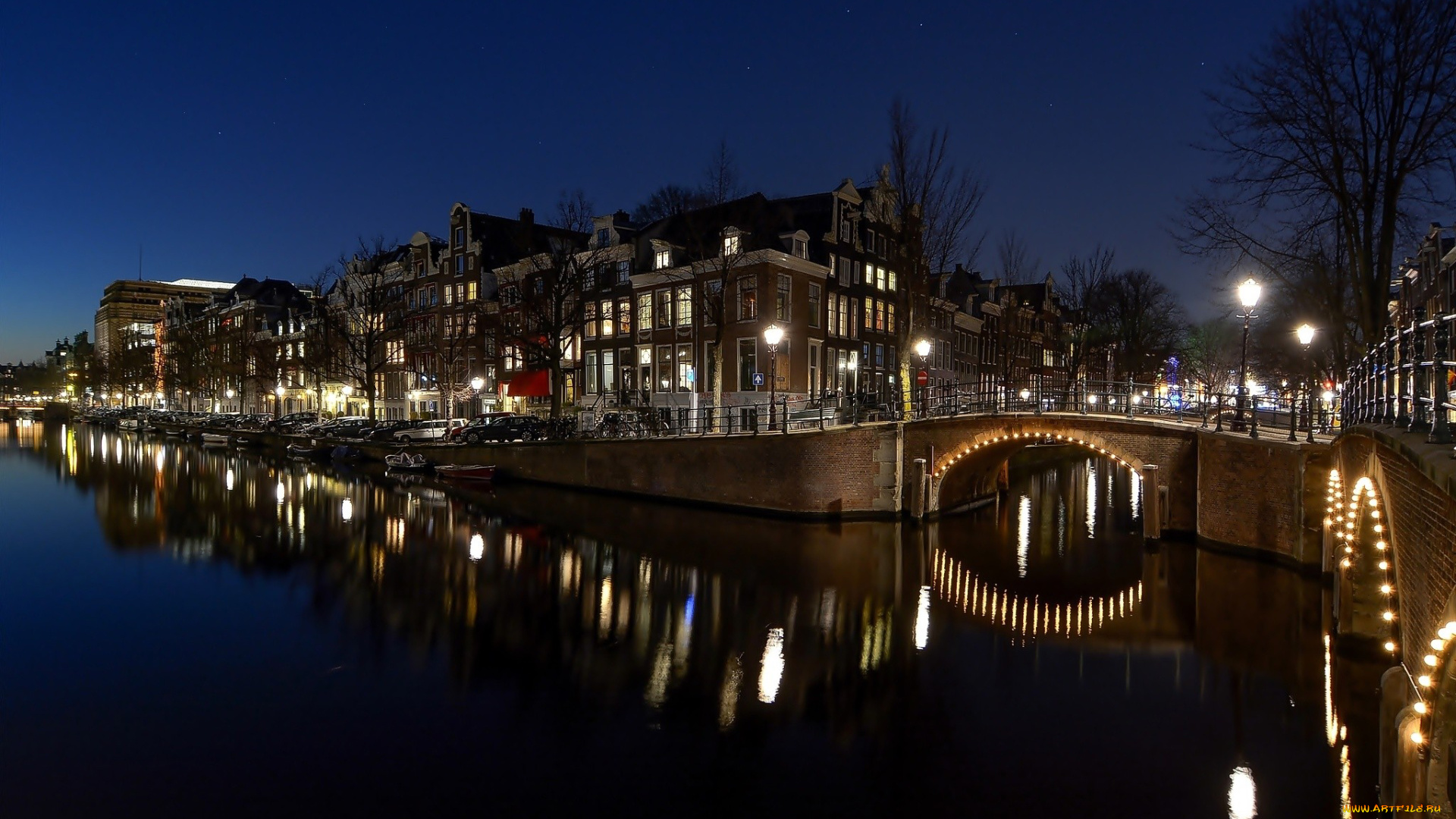 города, амстердам, , нидерланды, вечер, мост, канал, огни
