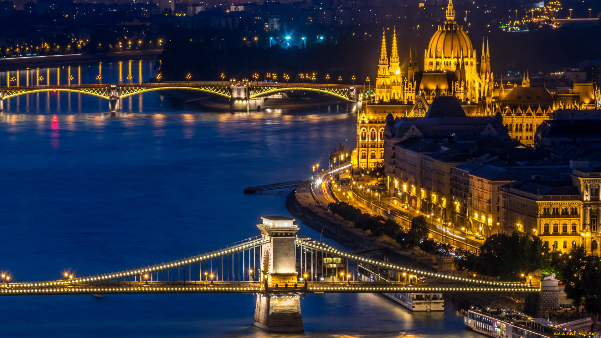 города, будапешт, , венгрия, огни, река, мосты, вечер, здания