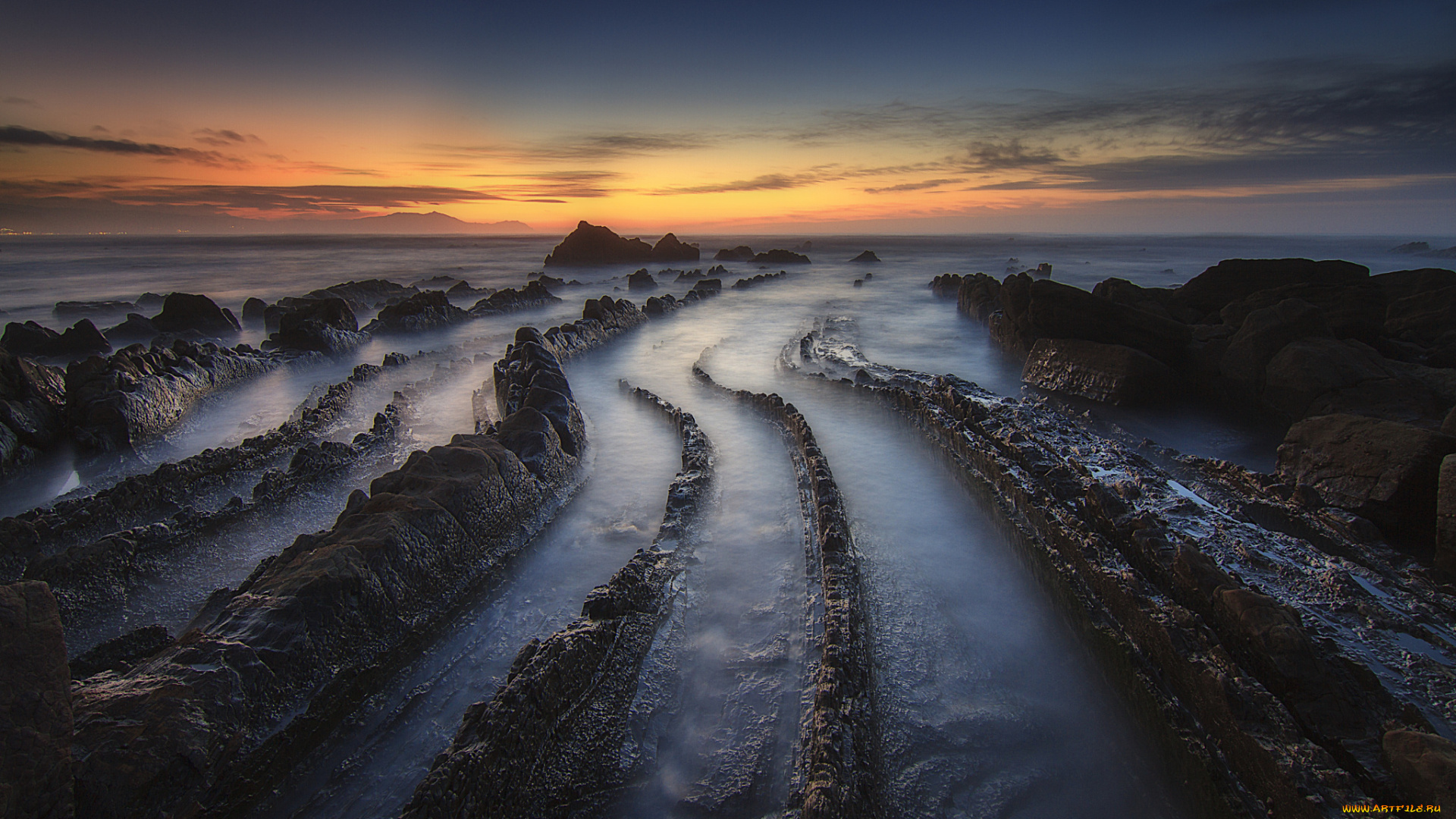 природа, побережье, океан, скалы, barrika, beach, рассвет