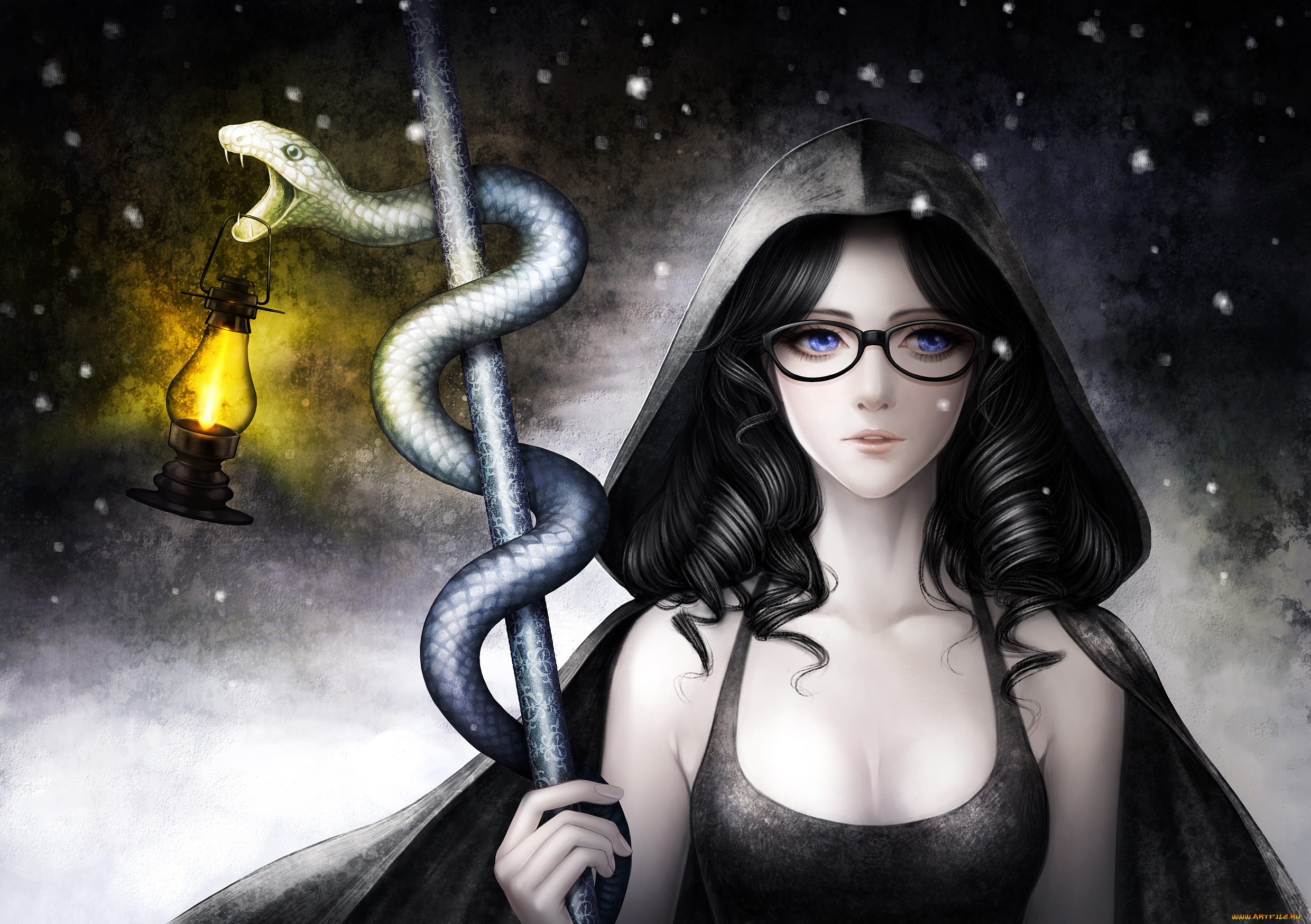 Девочка змейка. Девушка змея арт. Ведьма в очках. Девушка в очках фэнтези. Волшебница с черными волосами.