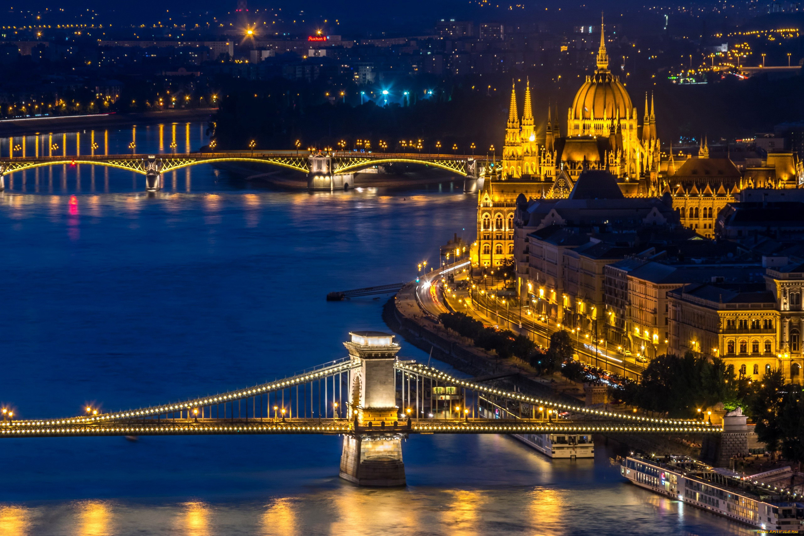 города, будапешт, , венгрия, огни, река, мосты, вечер, здания