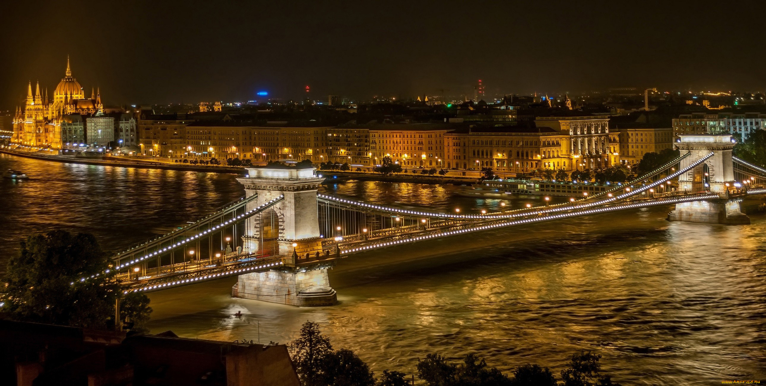 города, будапешт, , венгрия, панорама, вечер, огни, мост, река