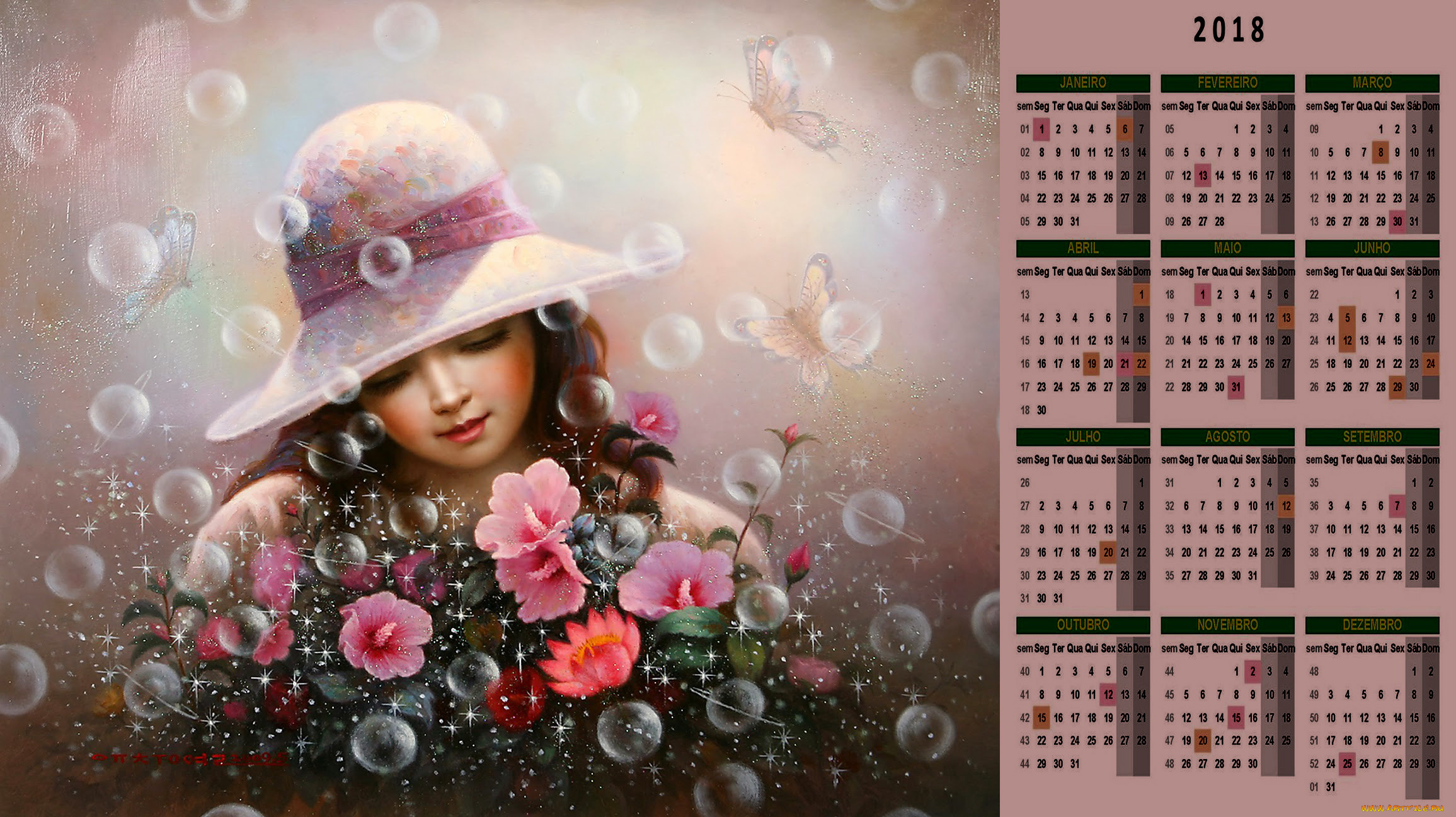 календари, рисованные, , векторная, графика, девочка, шляпа, цветы