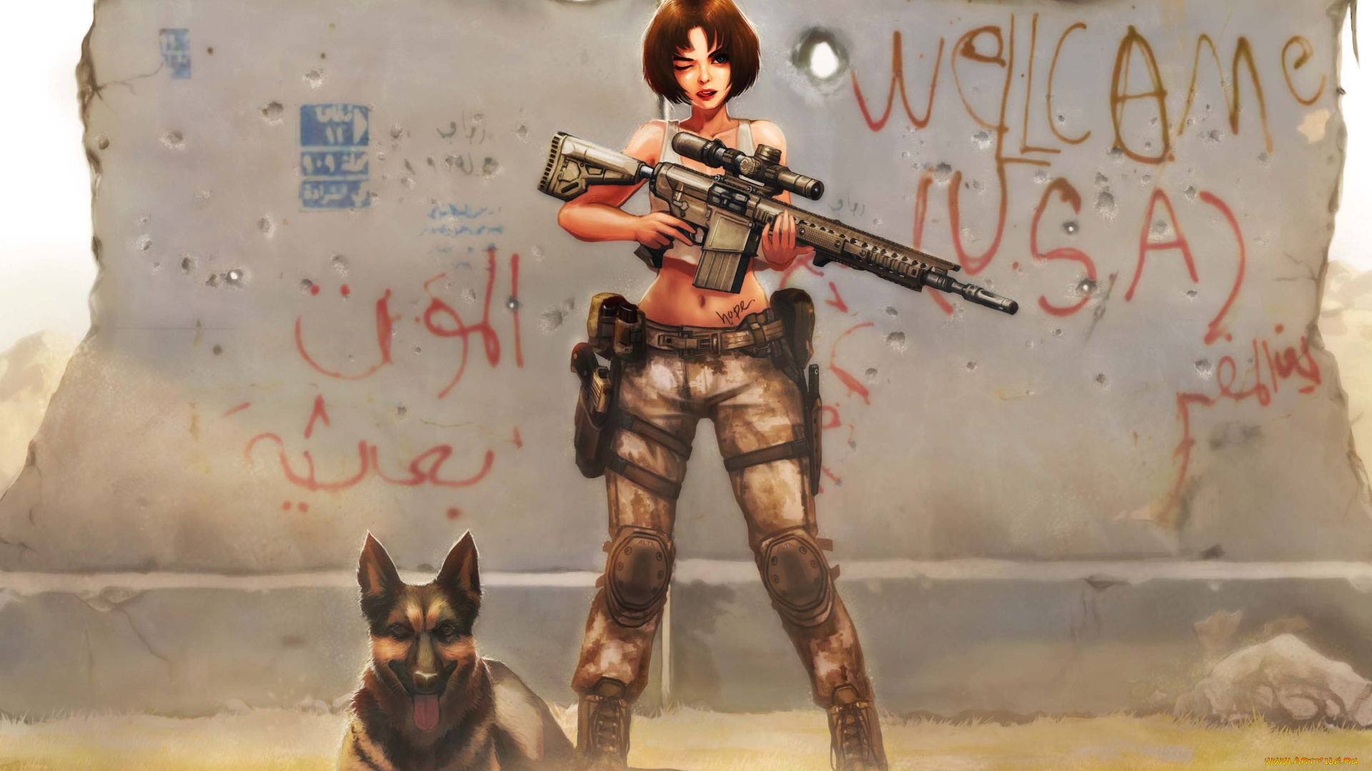 аниме, оружие, , техника, , технологии, along, dog, girl, wtih, m110, gun, short, hair, anime