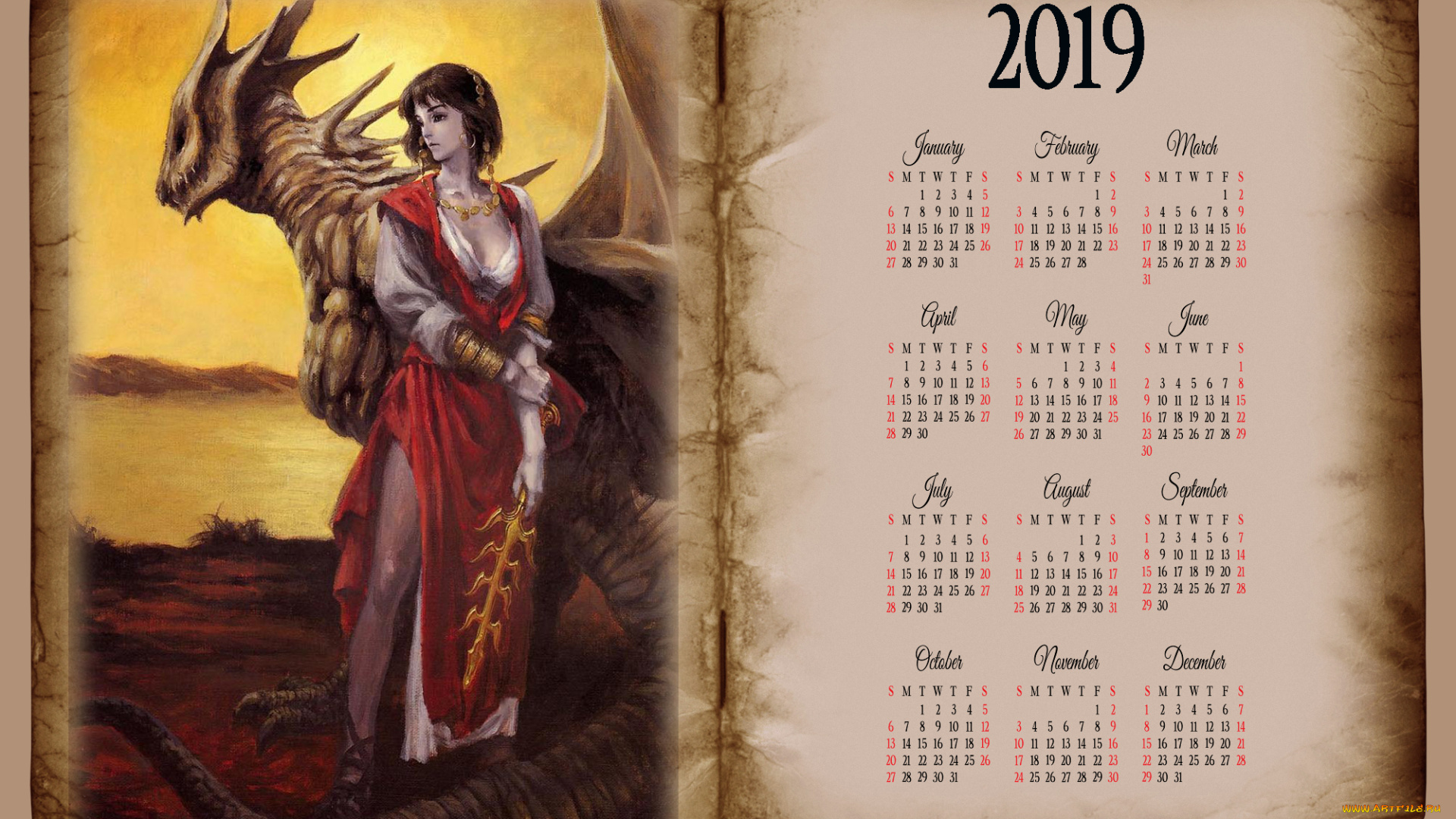 календари, фэнтези, книга, дракон, девушка