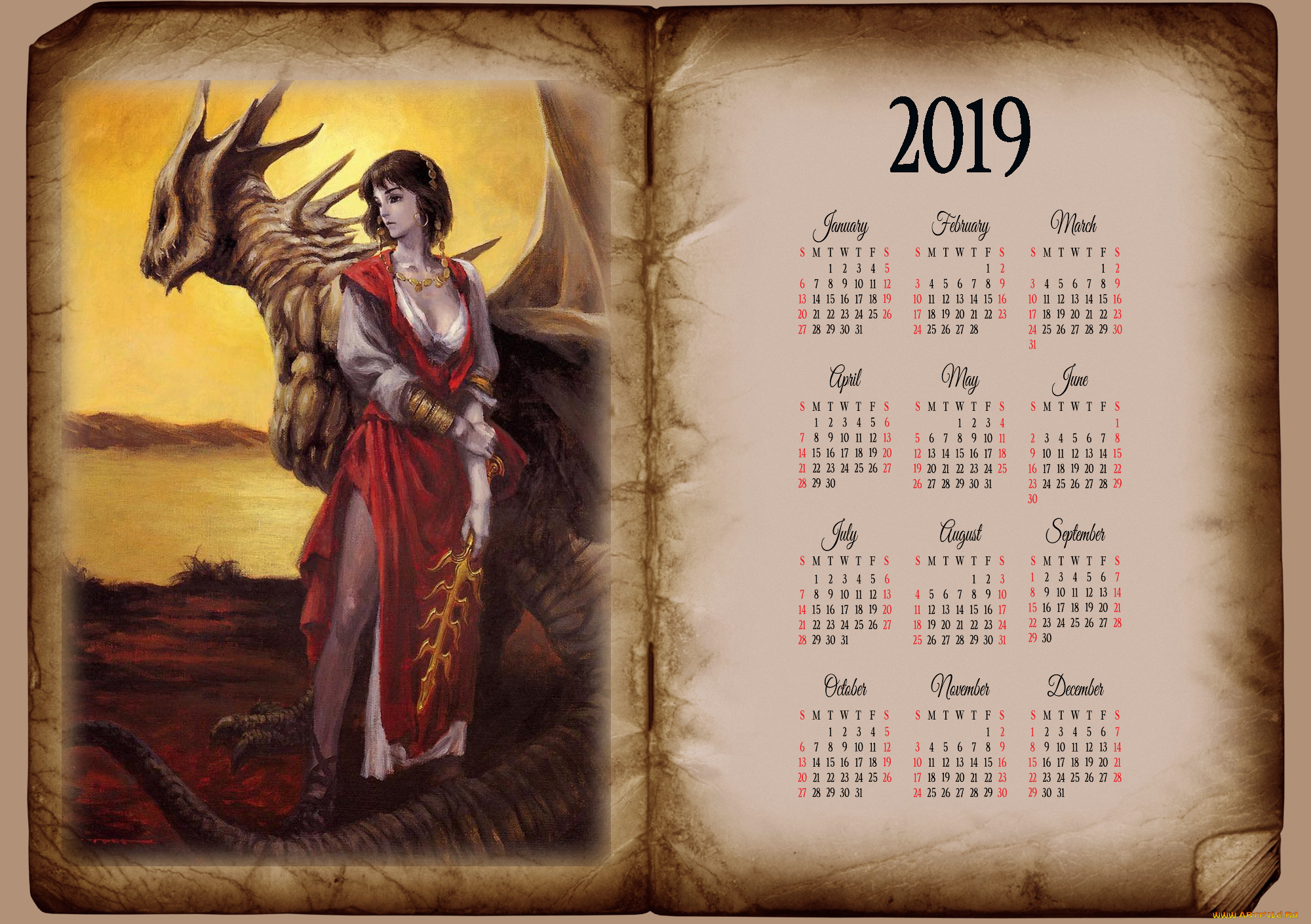 календари, фэнтези, книга, дракон, девушка