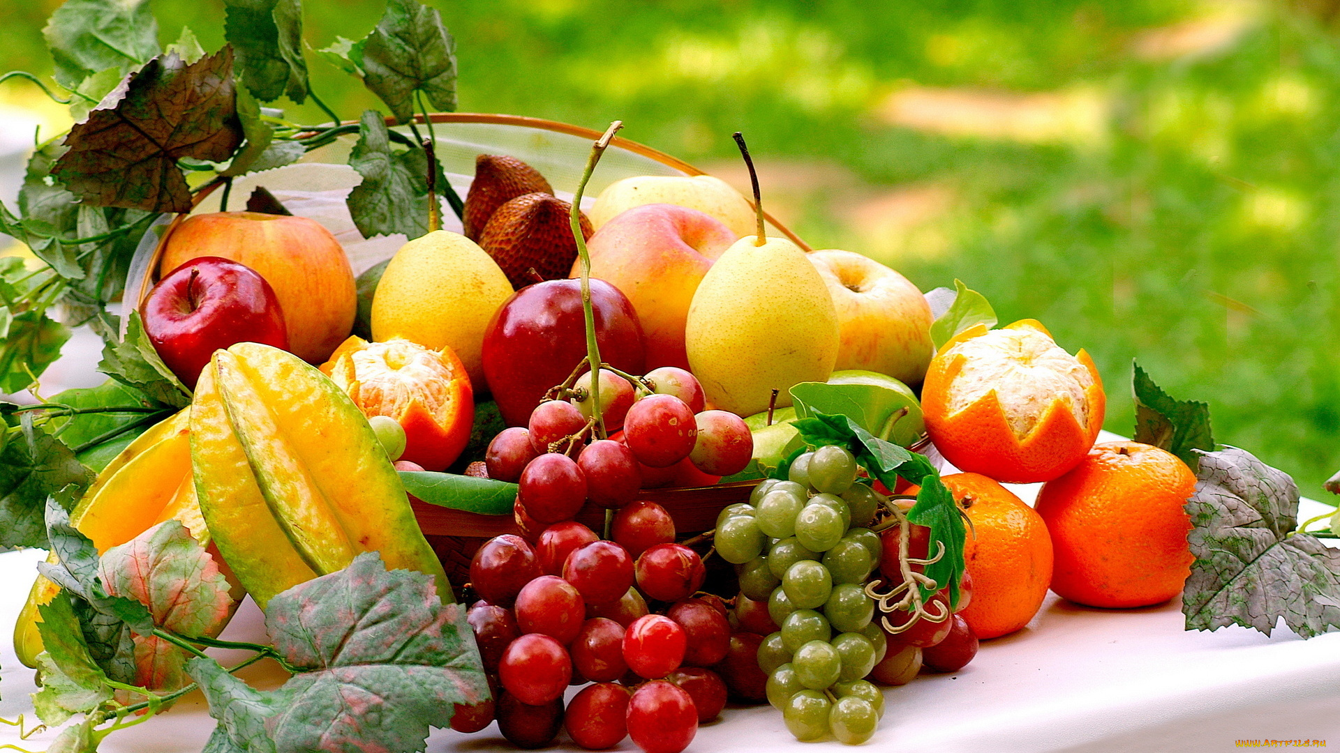 еда, фрукты, , ягоды, виноград, апельсин, яблоко, карамбола