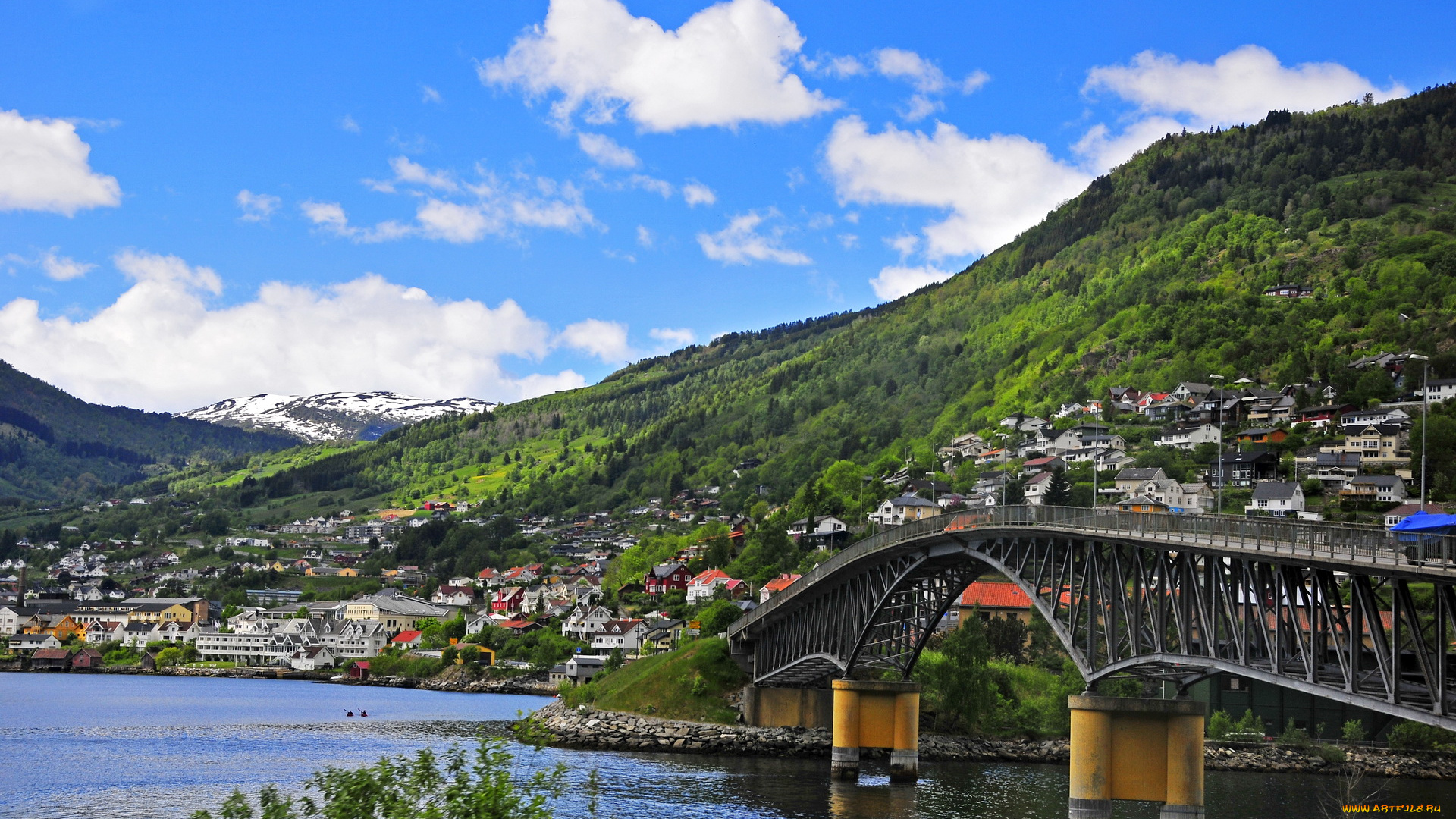 норвегия, согн, ог, фьюране, города, панорамы, мост, дома, река, согн-ог-фьюране