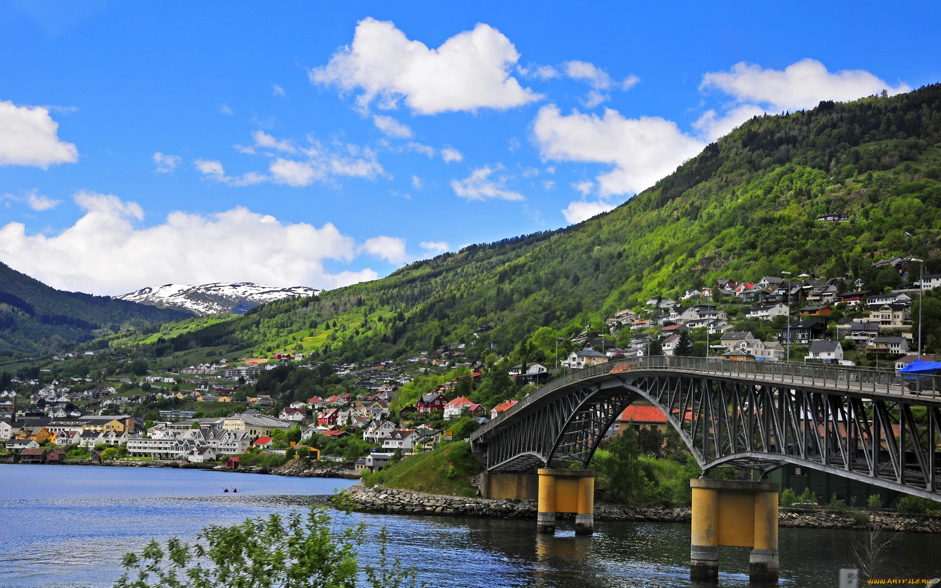норвегия, согн, ог, фьюране, города, панорамы, мост, дома, река, согн-ог-фьюране