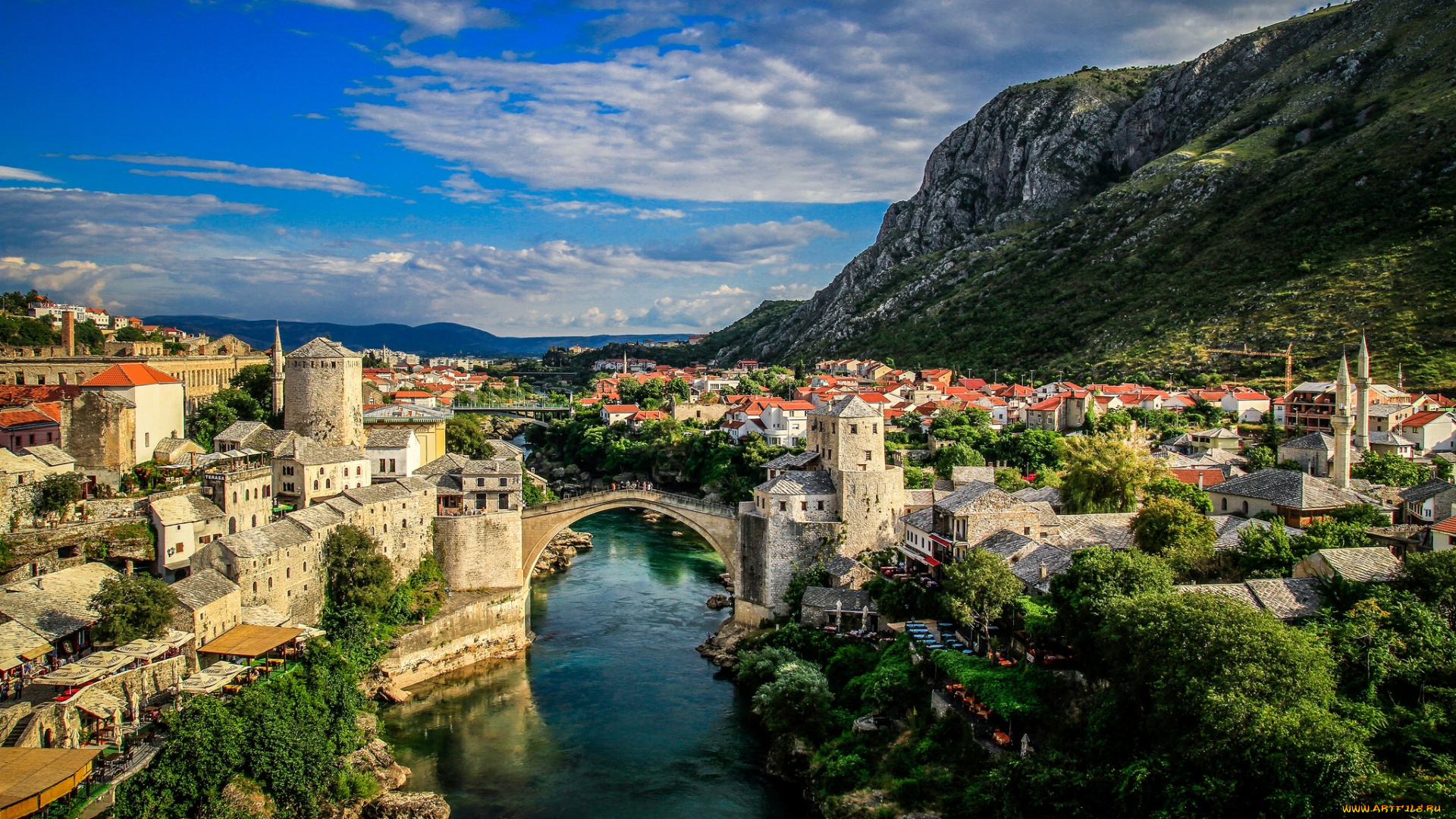 река, bosna, hercegovina, города, мостар, босния, герцеговина, старый, мост, и, i, mostar, горы, неретва