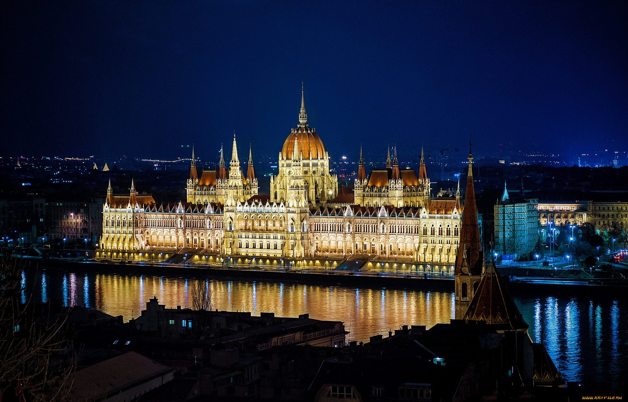города, будапешт, венгрия, подсветка, парламент, ночь