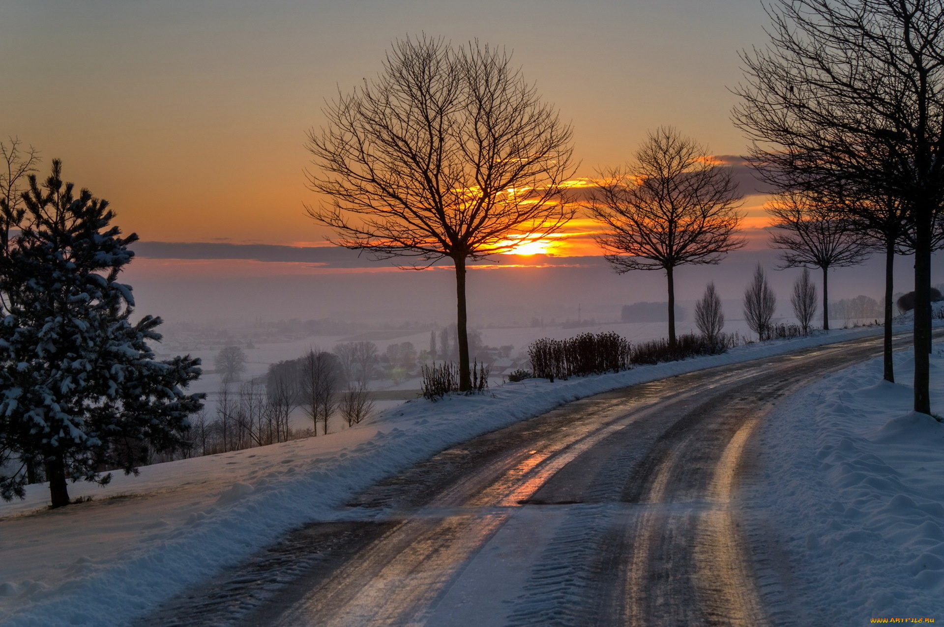 природа, дороги, утро, зима, дорога