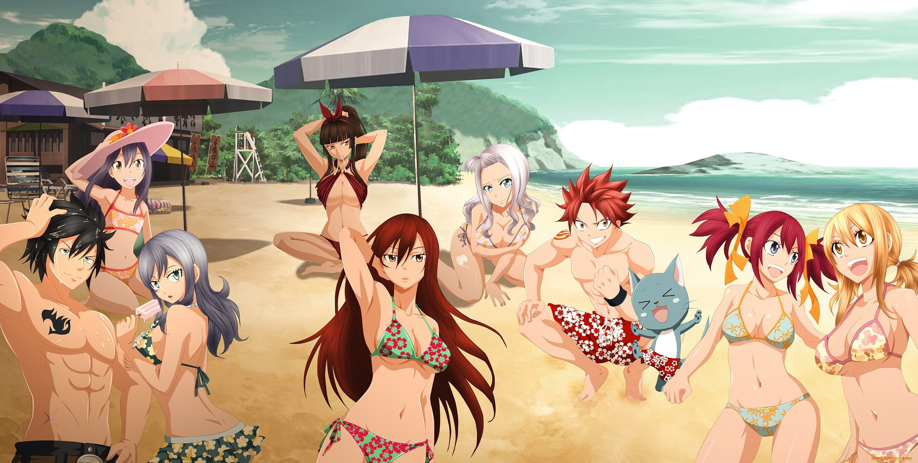 аниме, fairy, tail, manga, japanese, bikini, natsu, erza, lucy, oppai, fairy, tail, beach, anime, by, mimisempai