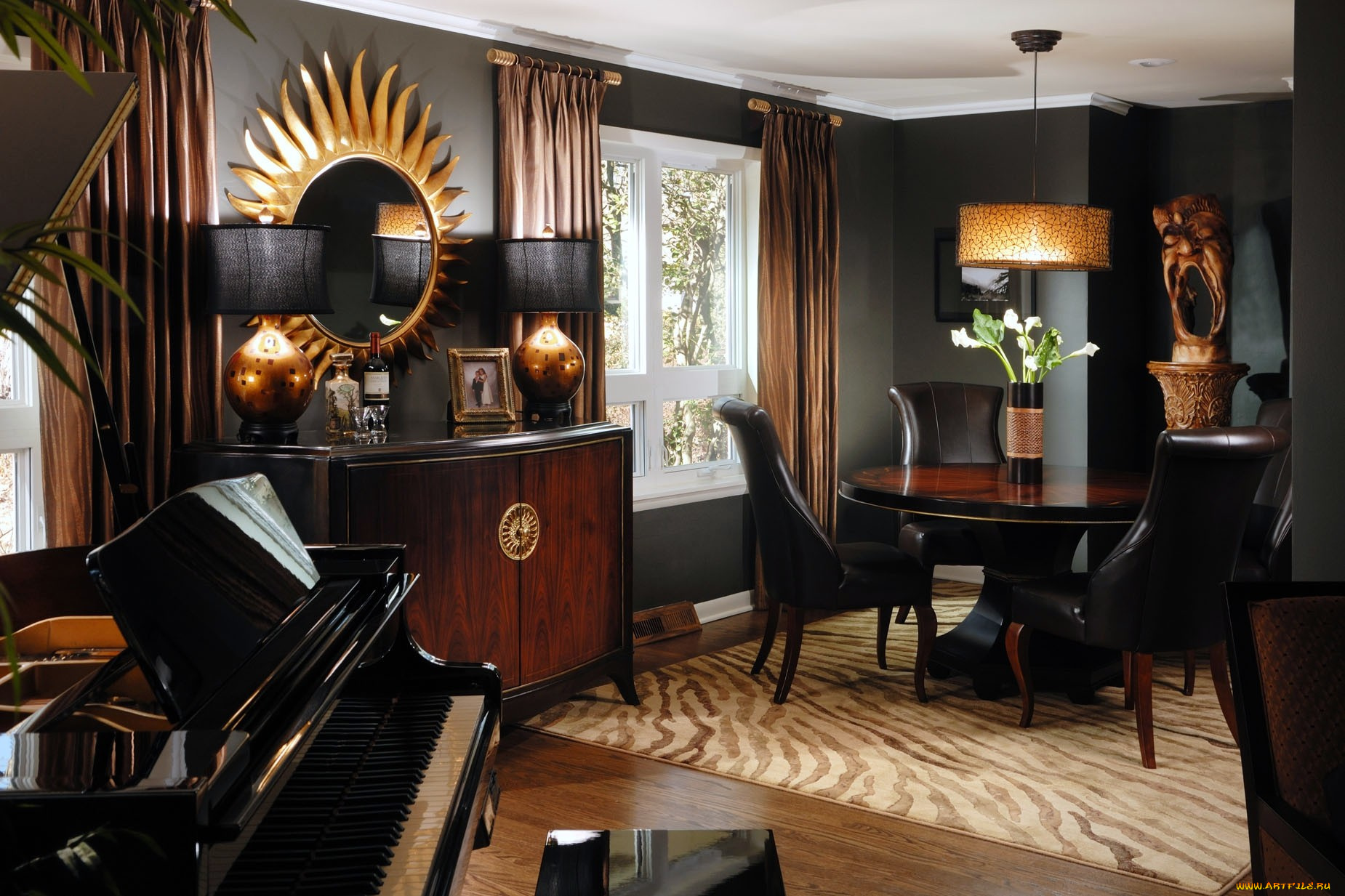 интерьер, гостиная, черный, зеркало, стулья, стол, рояль