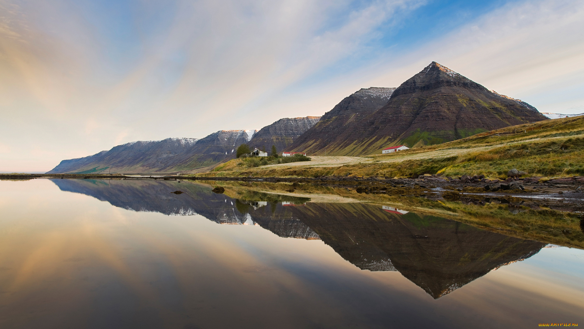 природа, реки, озера, serenity, westfjords, iceland, исландия, горы, дома, море, отражение