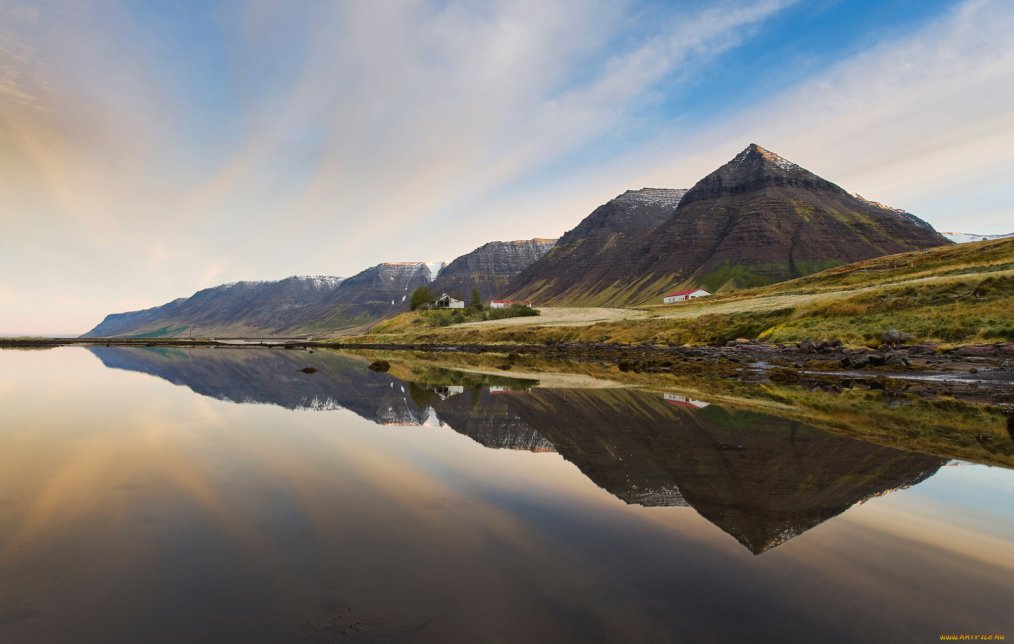 природа, реки, озера, serenity, westfjords, iceland, исландия, горы, дома, море, отражение