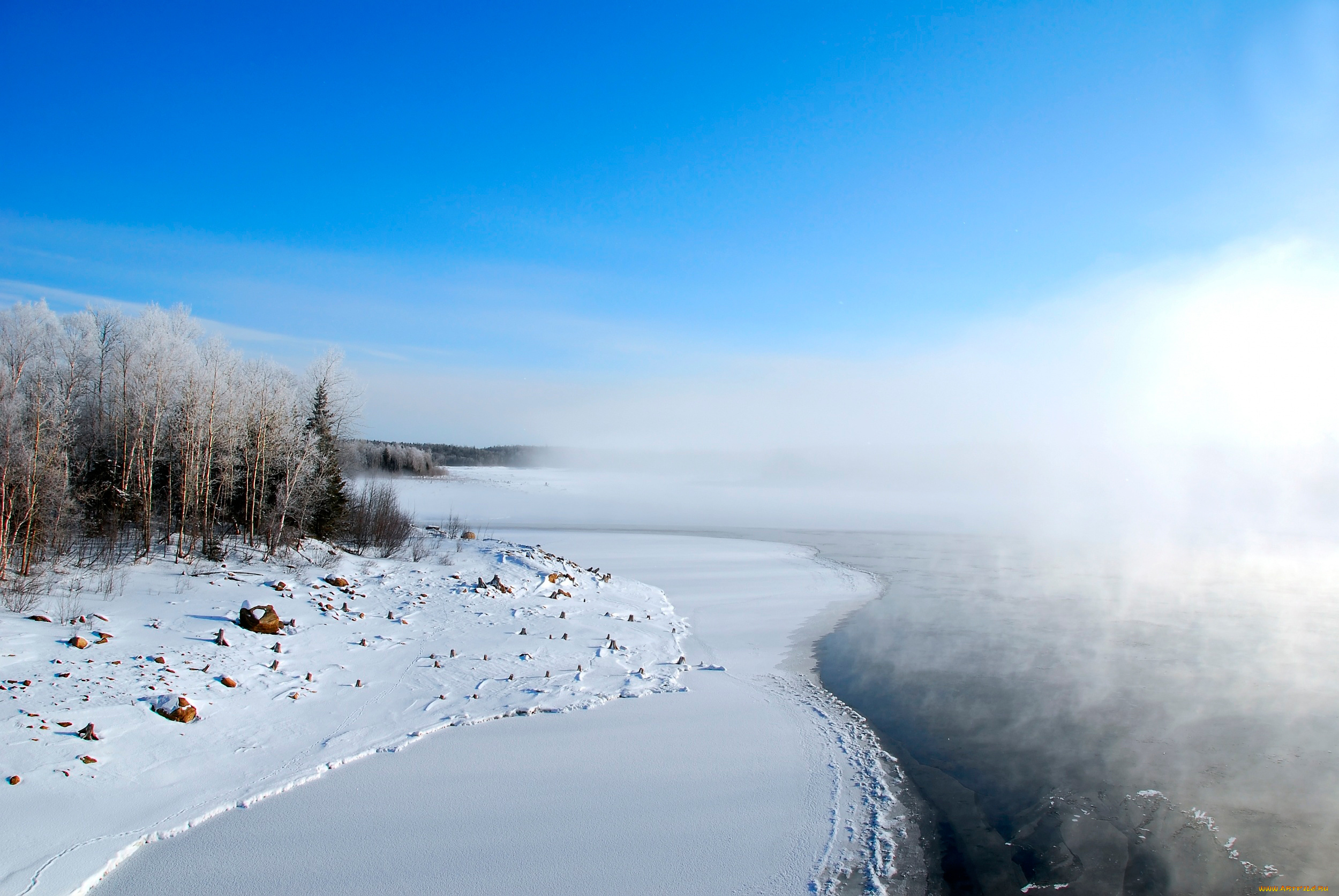 природа, зима, озеро, снег