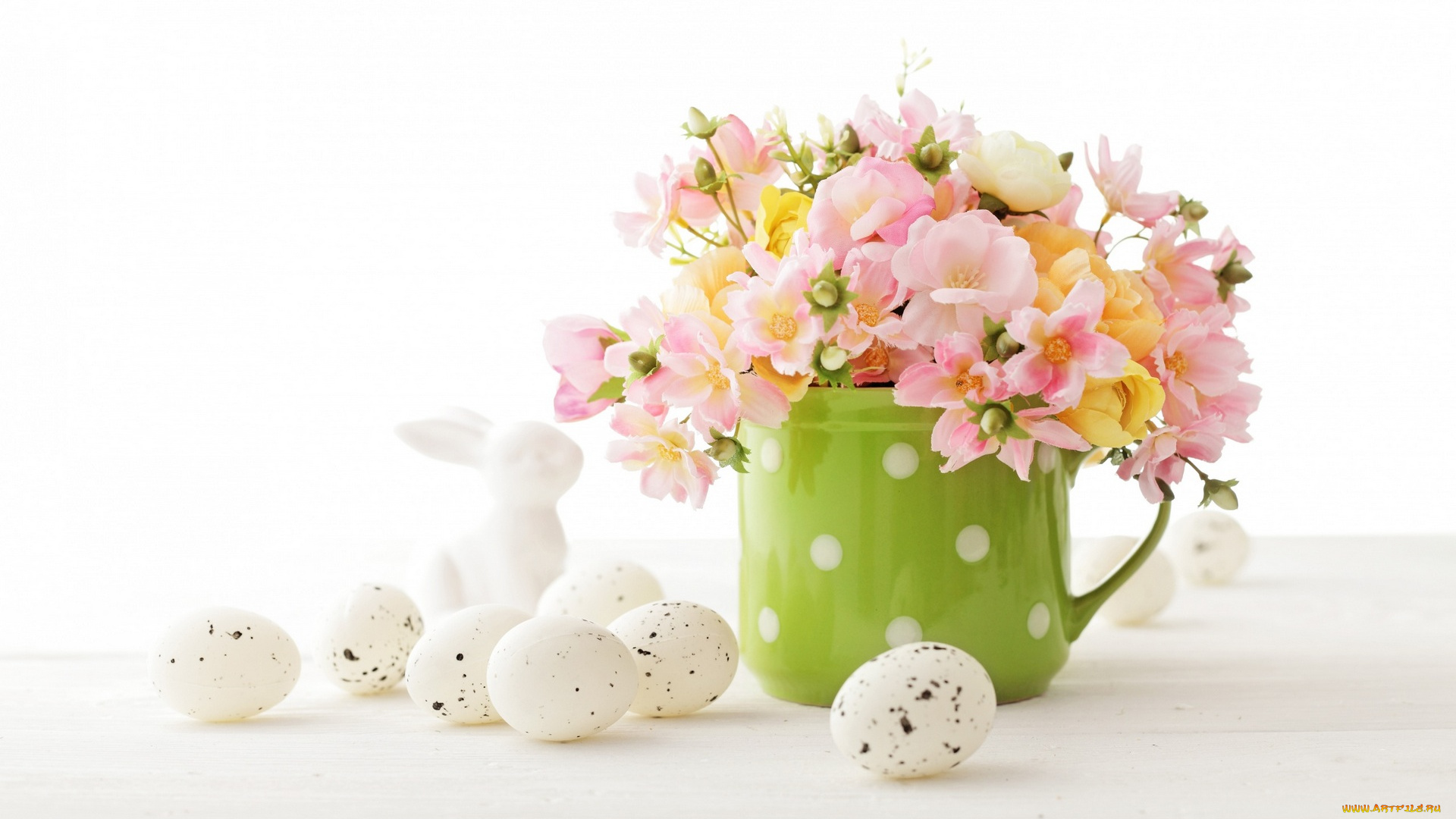 праздничные, пасха, белый, фон, букет, цветы, яйцо, кружка, кролик
