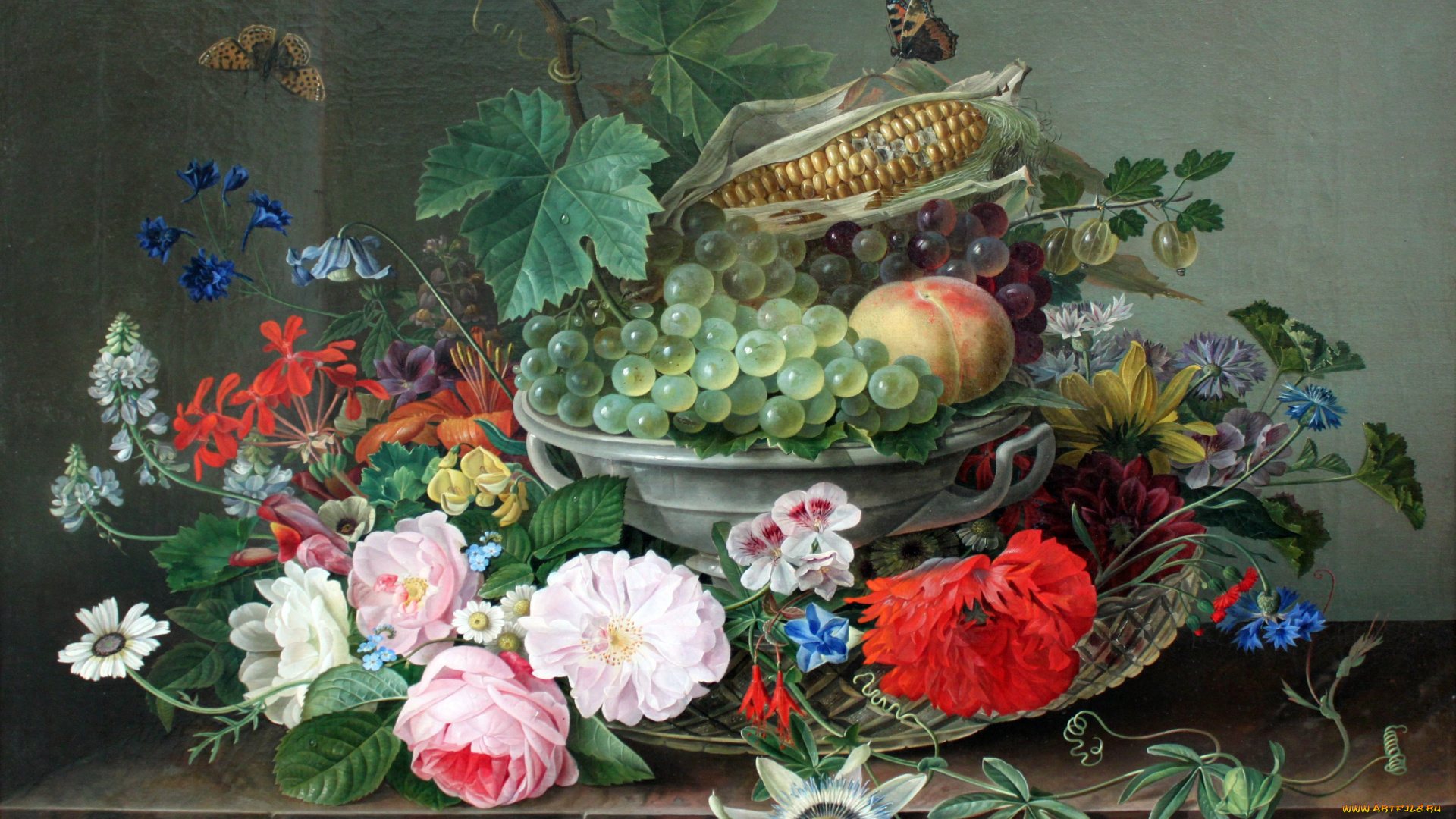 рисованное, живопись, натюрморт, цветы, бабочки, фрукты
