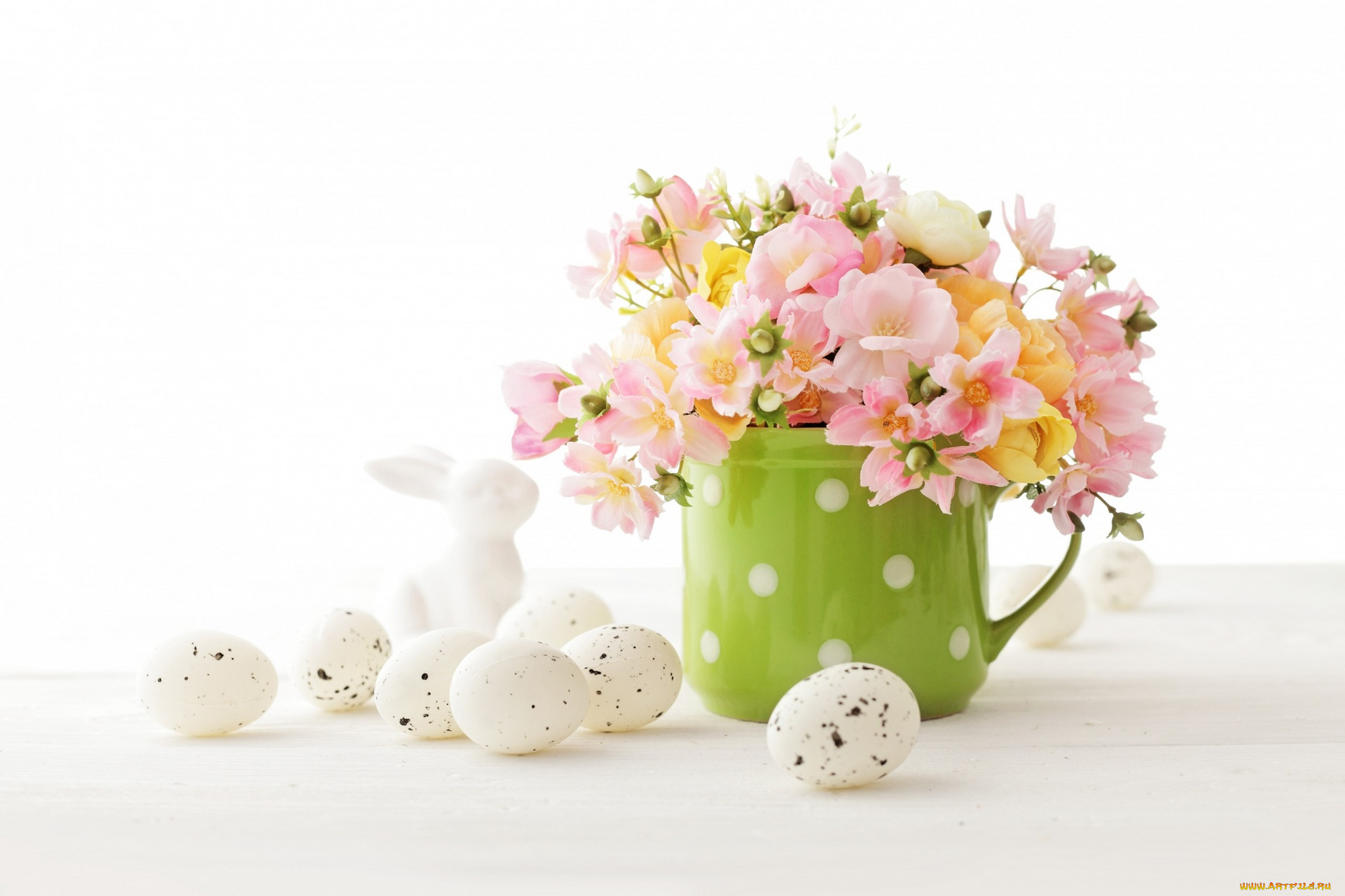 праздничные, пасха, белый, фон, букет, цветы, яйцо, кружка, кролик