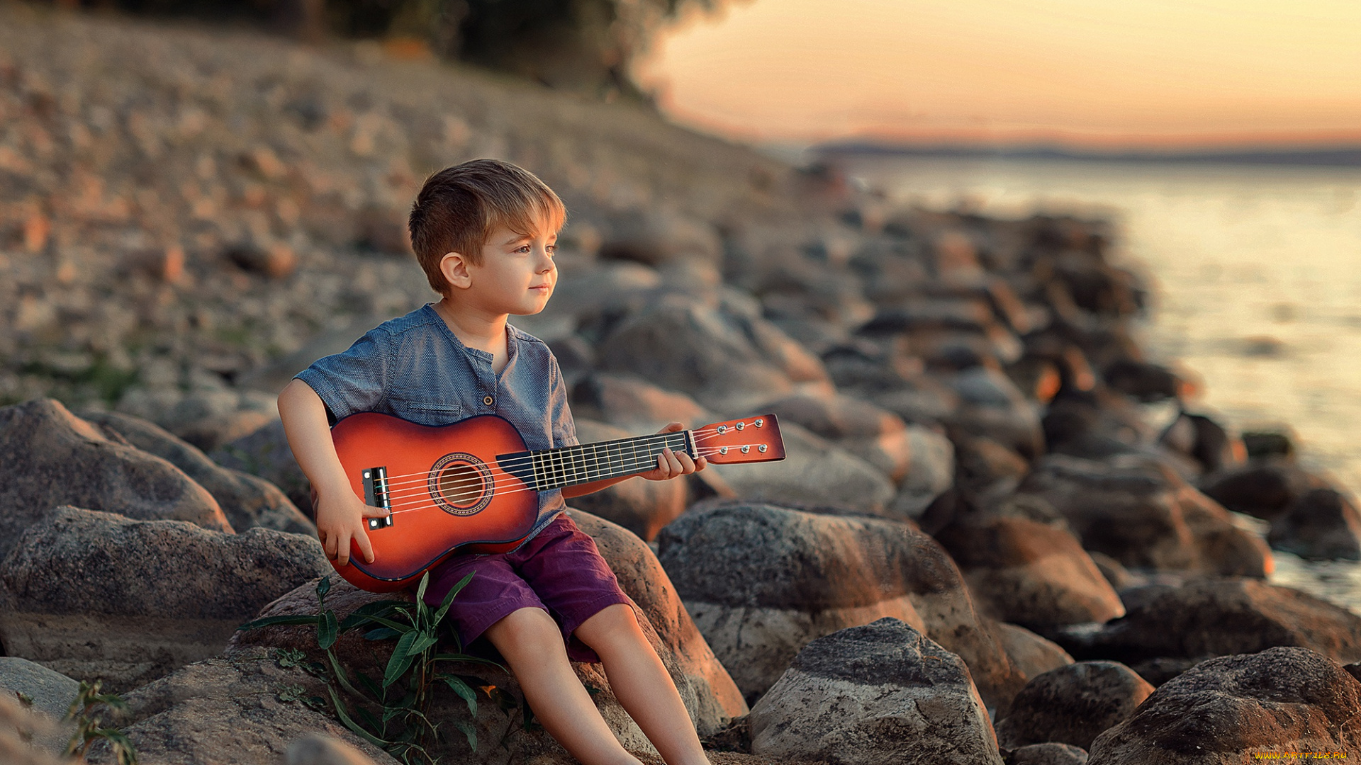 музыка, -другое, мальчик, гитара, камни, берег